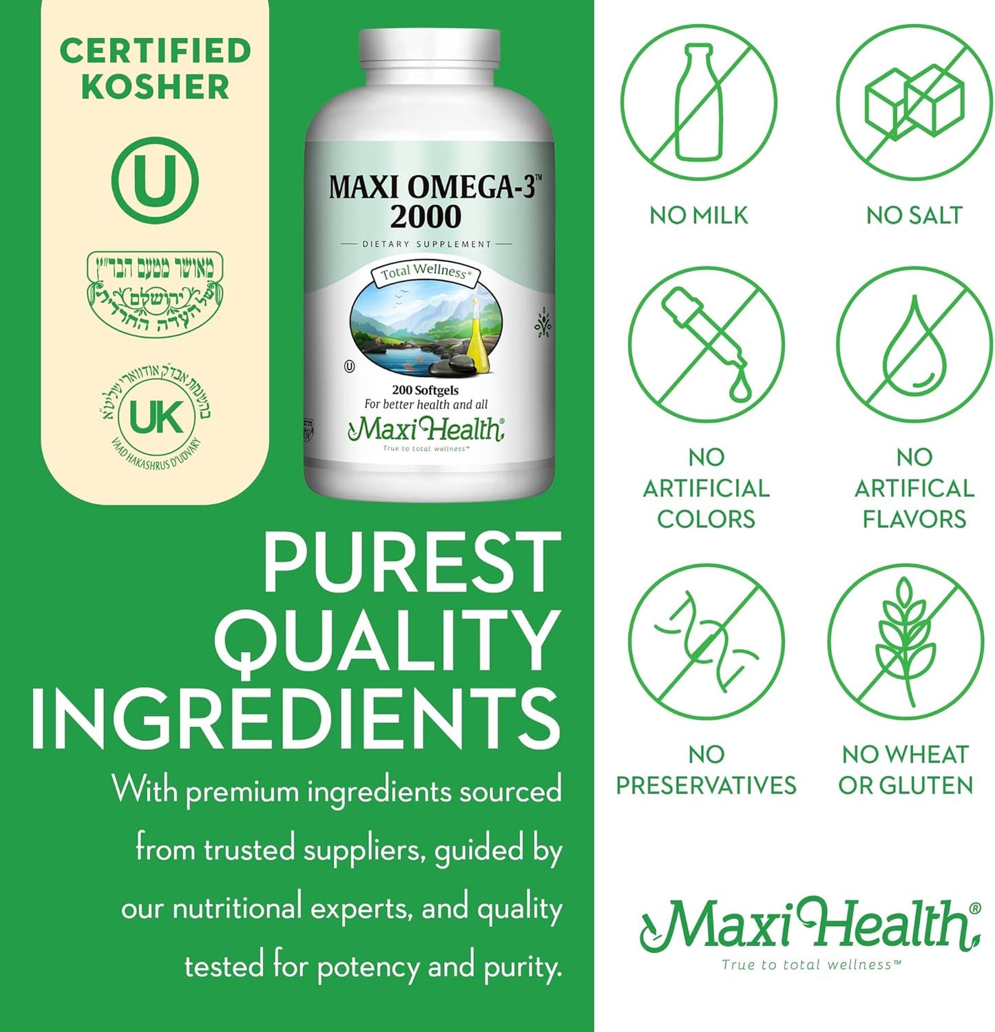 Maxi Health Omega-3 Fish Oil Supplement 2000mg - Natural EPA & DHA Source for Heart, Brain, Joint Health - Kosher Certified 200 Softgels