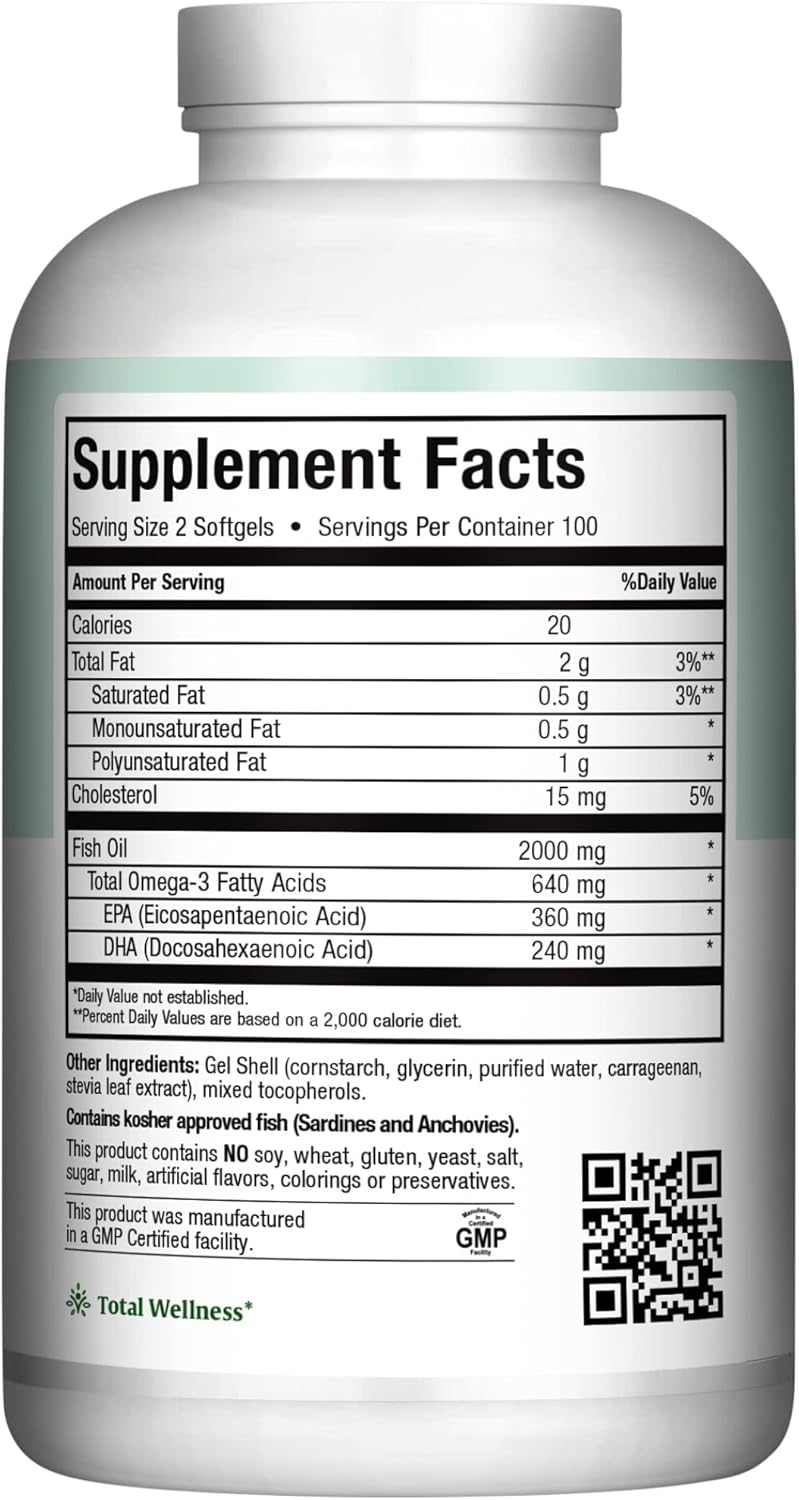 Maxi Health Omega-3 Fish Oil Supplement 2000mg - Natural EPA & DHA Source for Heart, Brain, Joint Health - Kosher Certified 200 Softgels
