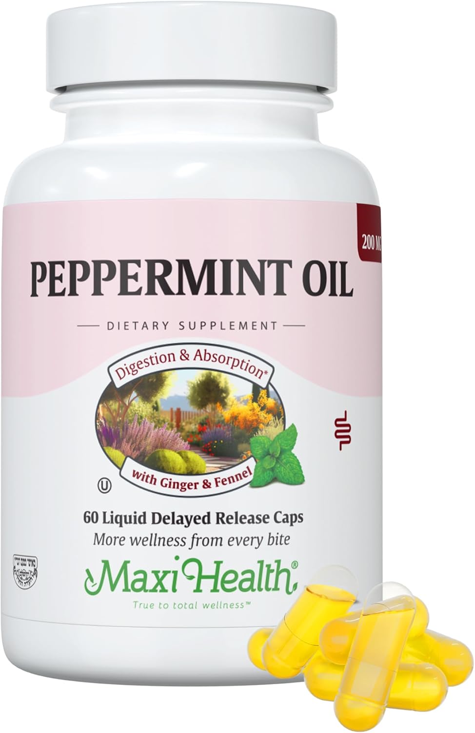 Maxi Health Peppermint Oil with Ginger & Fennel Capsules - Delayed Release for Digestive Health & Absorption - Natural Essential Oil Supplement