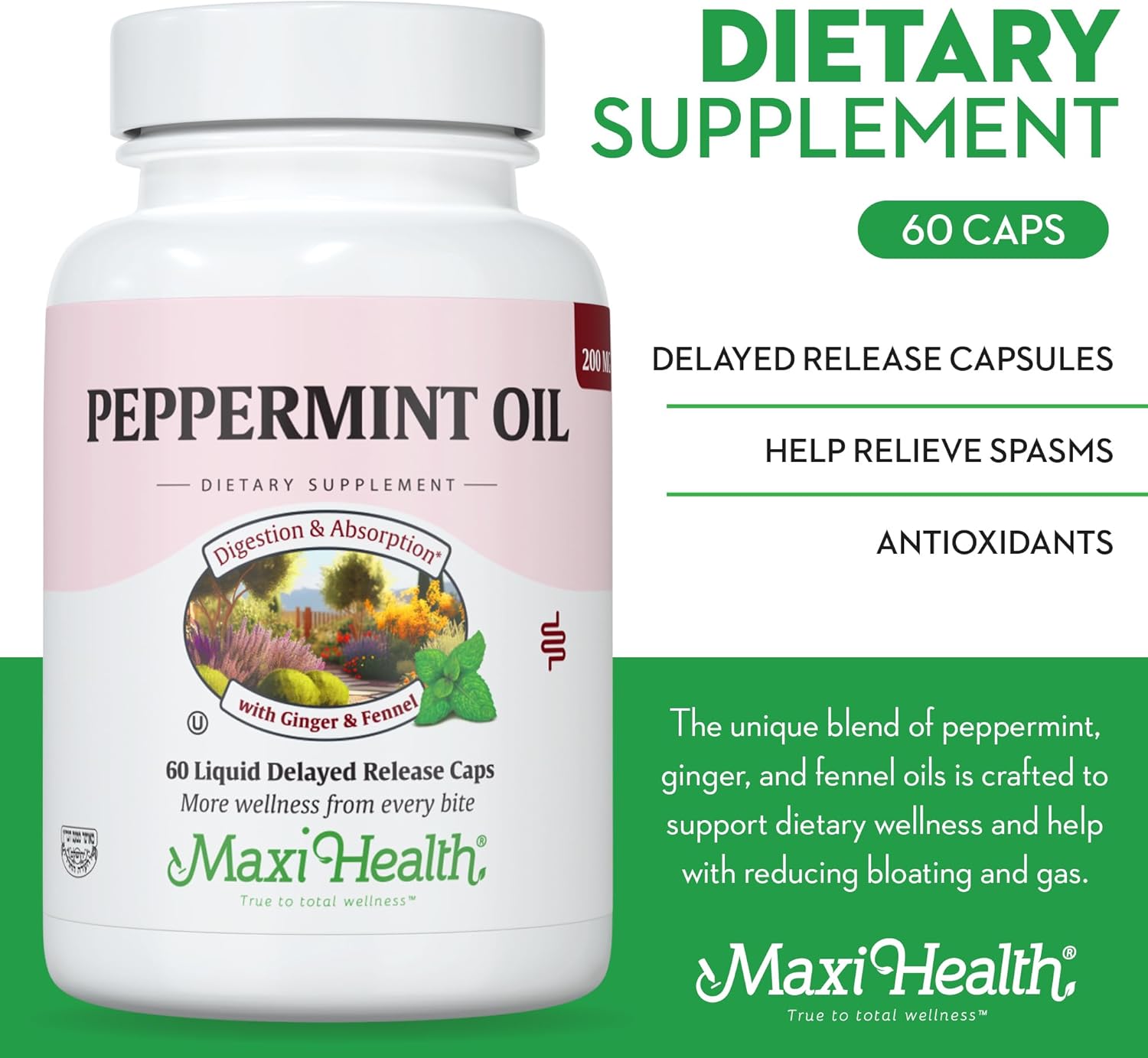 Maxi Health Peppermint Oil with Ginger & Fennel Capsules - Delayed Release for Digestive Health & Absorption - Natural Essential Oil Supplement
