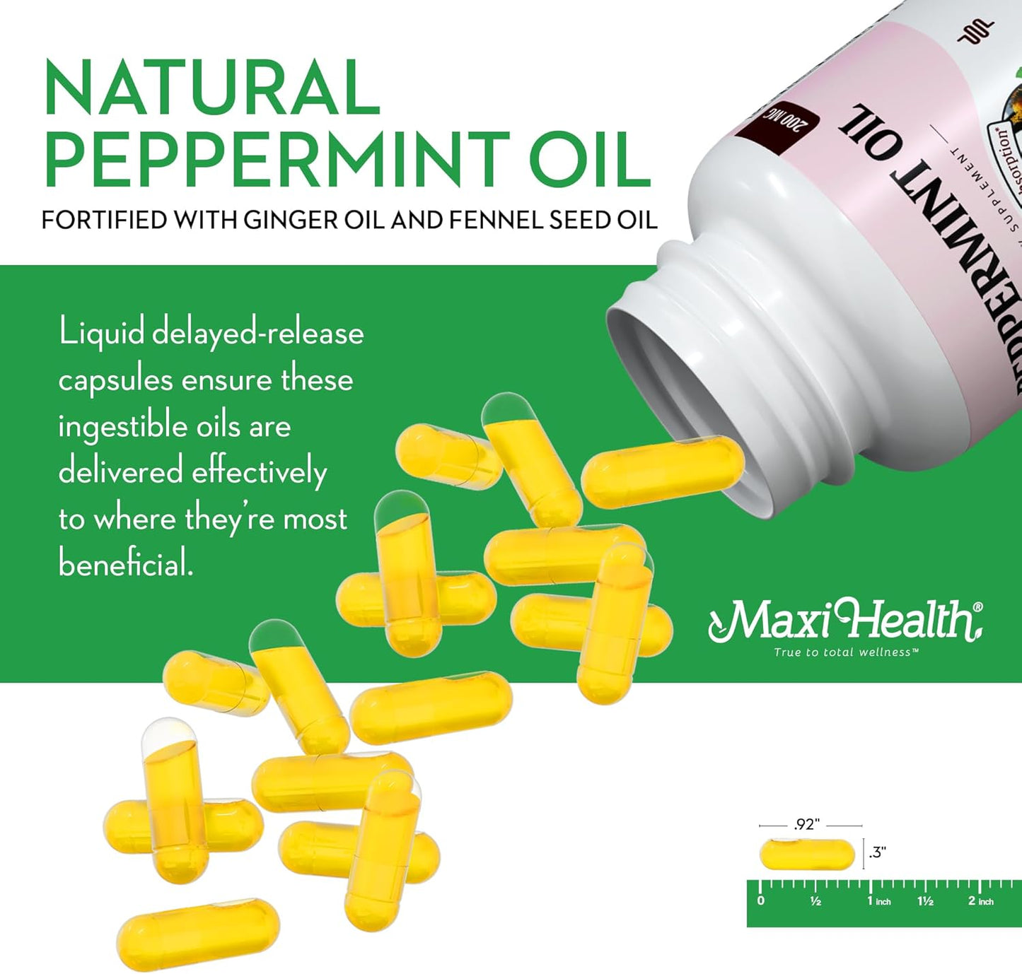 Maxi Health Peppermint Oil with Ginger & Fennel Capsules - Delayed Release for Digestive Health & Absorption - Natural Essential Oil Supplement