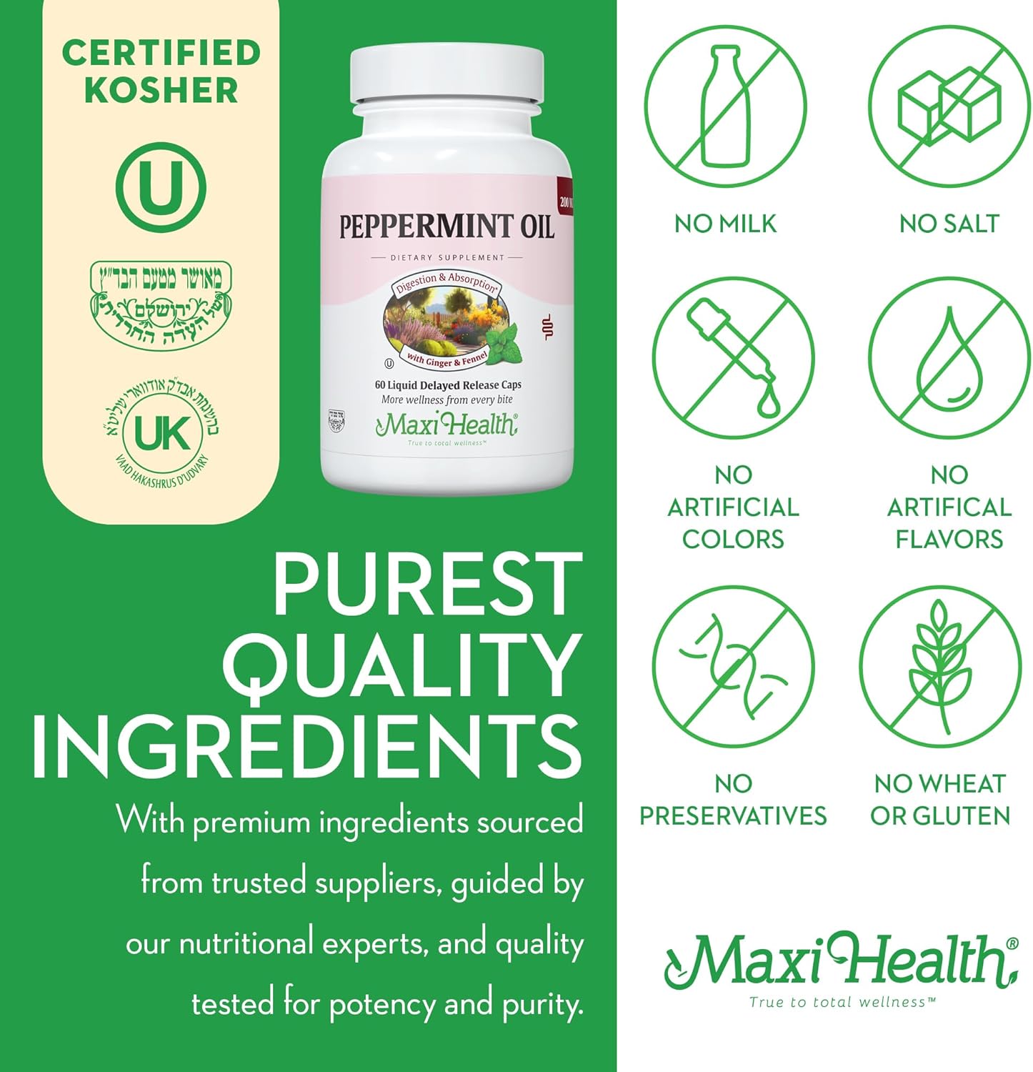 Maxi Health Peppermint Oil with Ginger & Fennel Capsules - Delayed Release for Digestive Health & Absorption - Natural Essential Oil Supplement