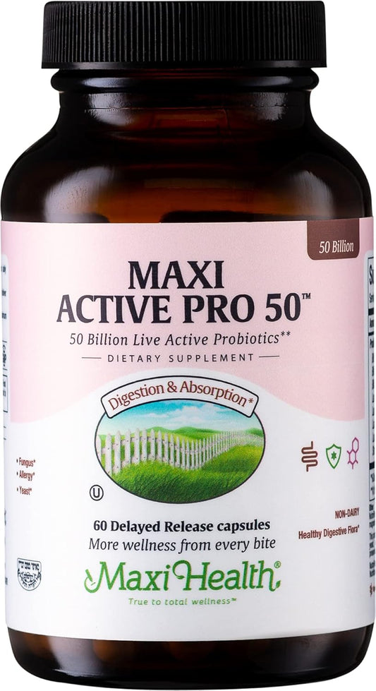 Maxi Health Probiotic Plus Ultimate Prebiotic: 50 Billion Live Active Probiotic, 15 Strains, Active Pro-50 - 60 Count