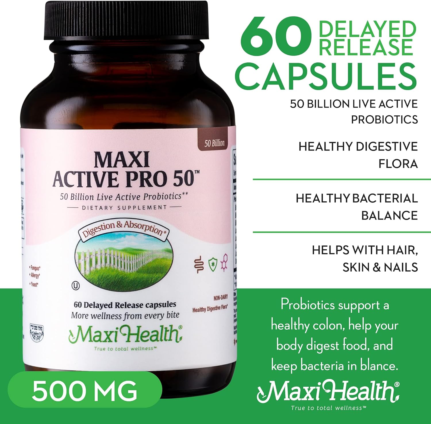 Maxi Health Probiotic Plus Ultimate Prebiotic: 50 Billion Live Active Probiotic, 15 Strains, Active Pro-50 - 60 Count