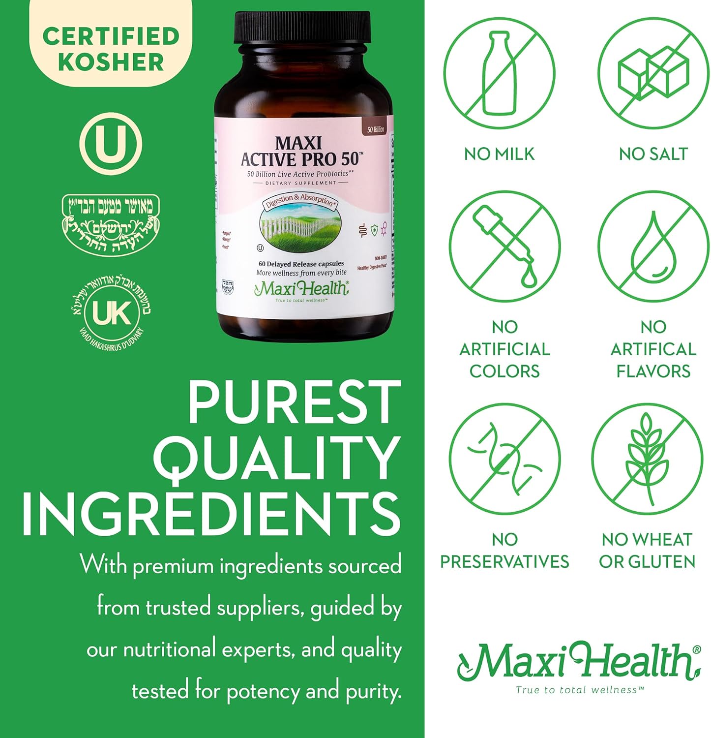 Maxi Health Probiotic Plus Ultimate Prebiotic: 50 Billion Live Active Probiotic, 15 Strains, Active Pro-50 - 60 Count