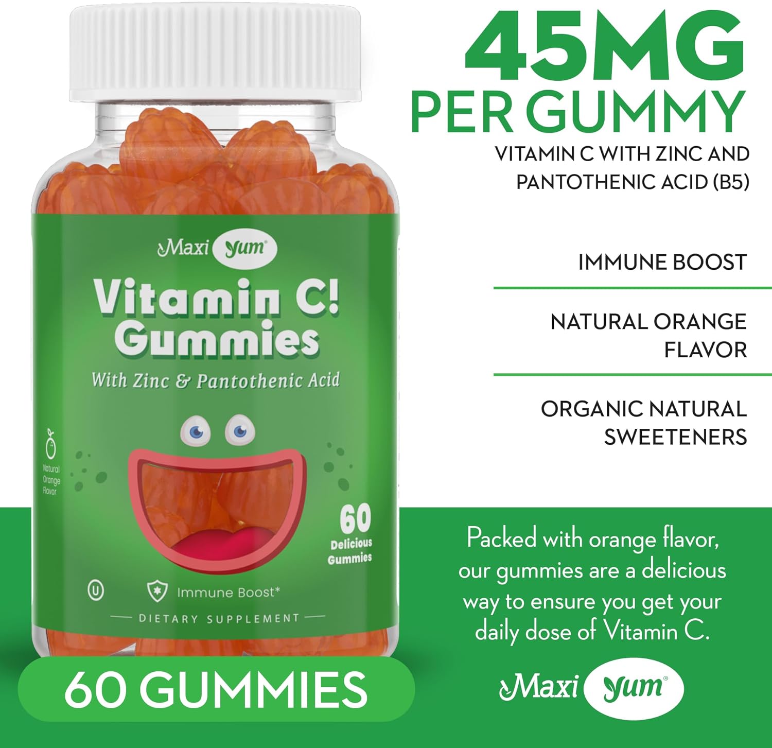 Maxi-Health Vitamin C Gummies with Zinc for Respiratory Support and Immune Boost - 60 Fruit Shaped Gummies for Children and Adults