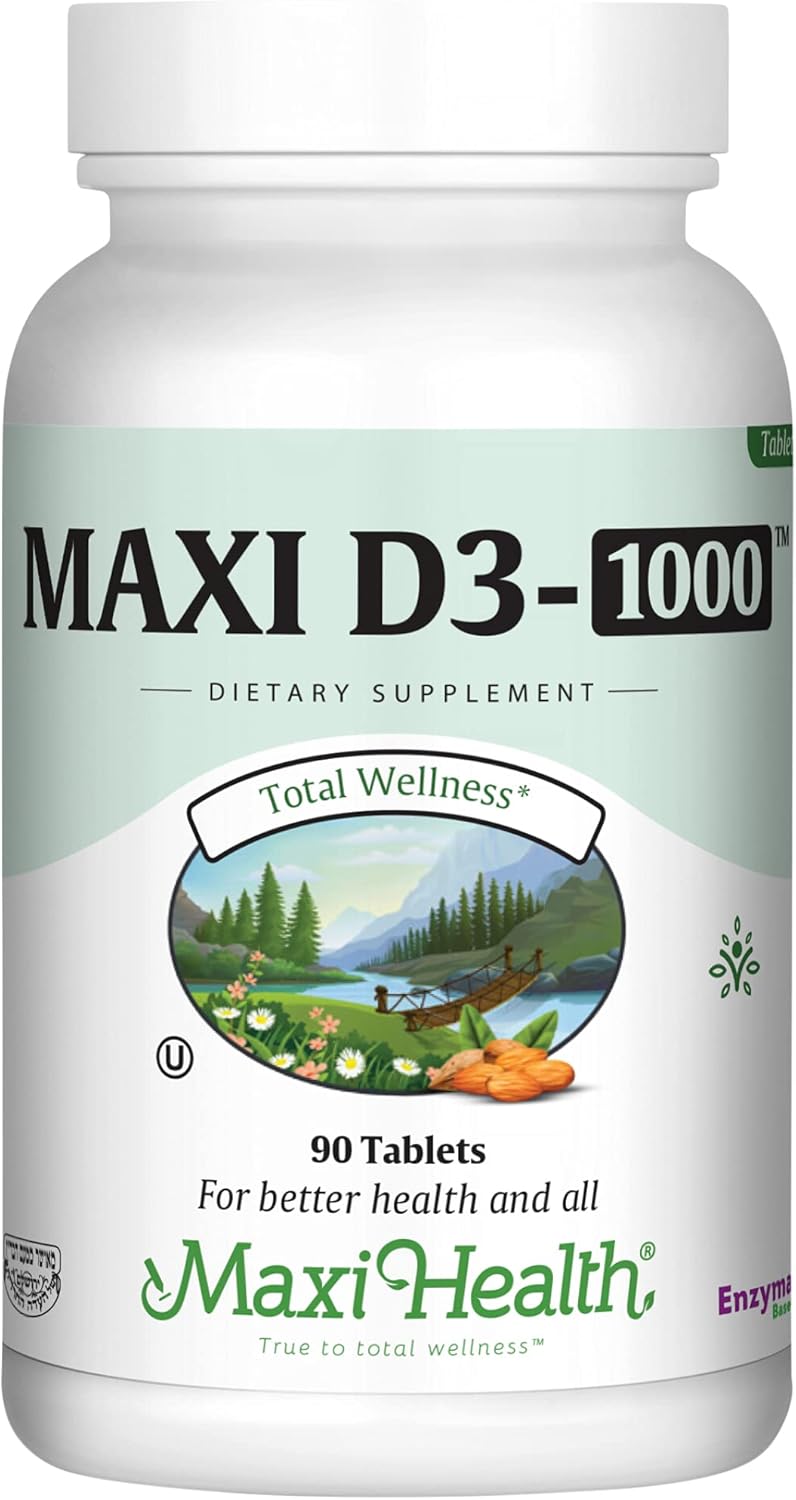 Maxi Health Vitamin D3 1000 IU Supplement for Calcium Absorption & Immune Health - 90 Tablets, Easy to Swallow, Odorless & Tasteless