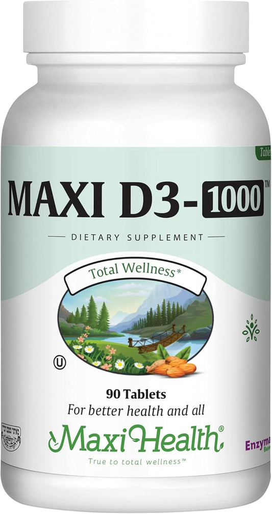 Maxi Health Vitamin D3 1000 IU Supplement for Calcium Absorption & Immune Health - 90 Tablets, Easy to Swallow, Odorless & Tasteless
