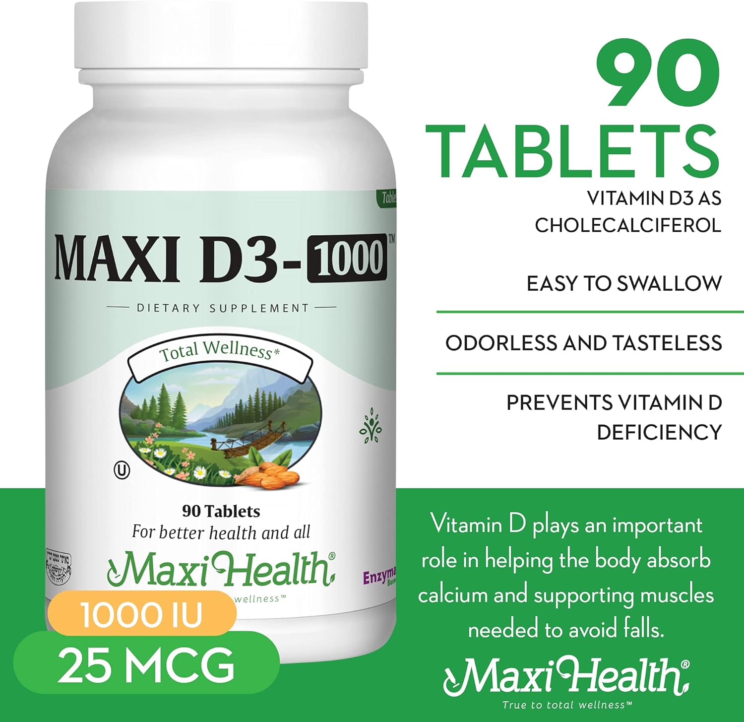 Maxi Health Vitamin D3 1000 IU Supplement for Calcium Absorption & Immune Health - 90 Tablets, Easy to Swallow, Odorless & Tasteless