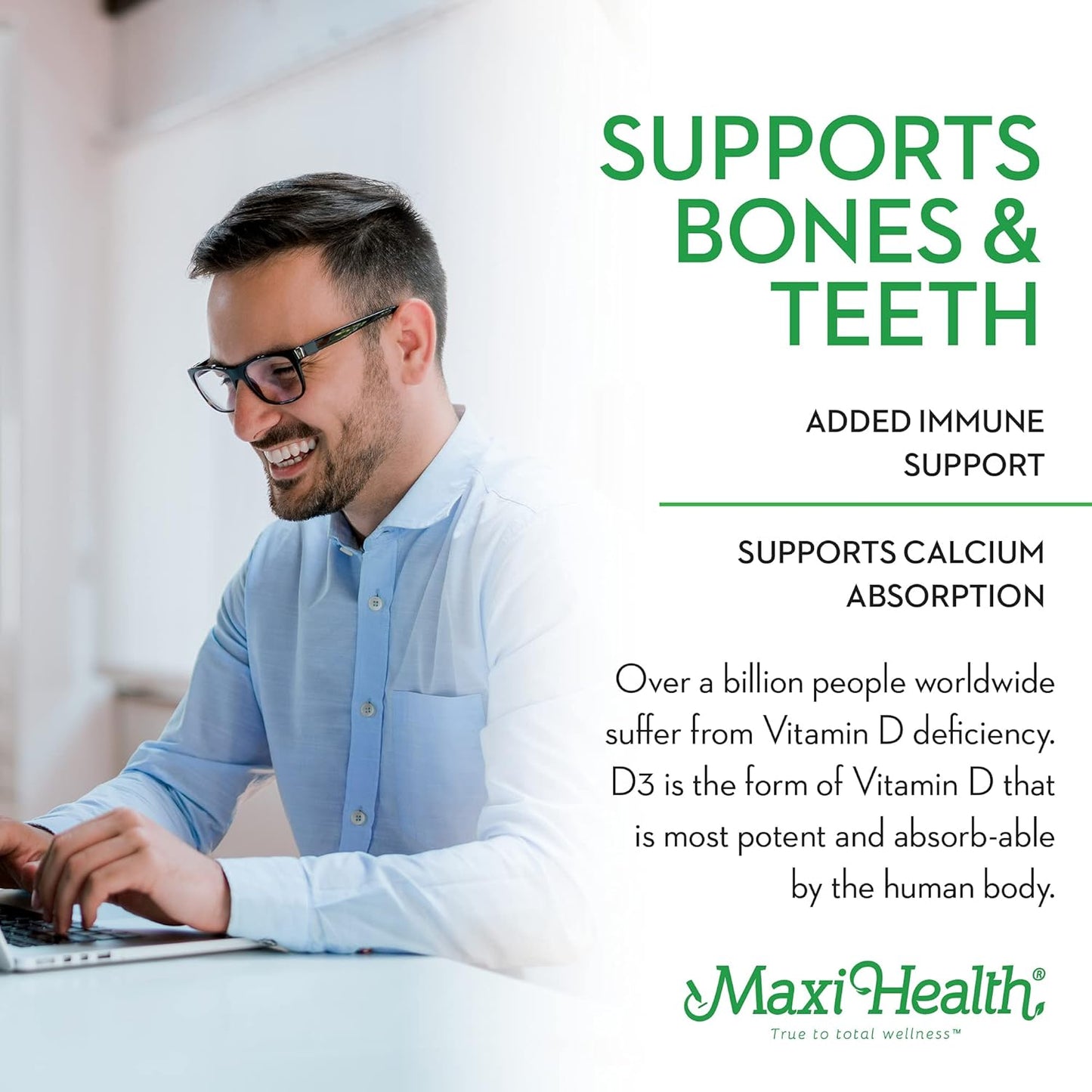 Maxi Health Vitamin D3 1000 IU Supplement for Calcium Absorption & Immune Health - 90 Tablets, Easy to Swallow, Odorless & Tasteless