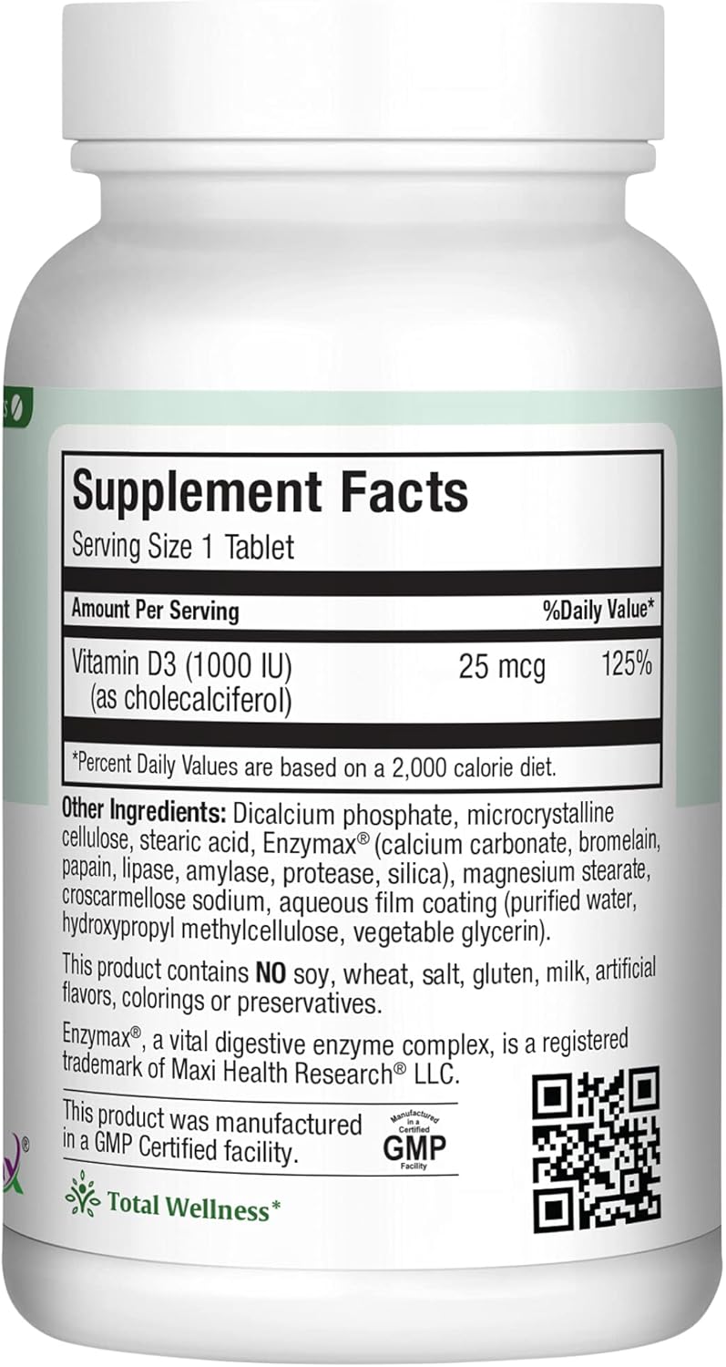 Maxi Health Vitamin D3 1000 IU Supplement for Calcium Absorption & Immune Health - 90 Tablets, Easy to Swallow, Odorless & Tasteless