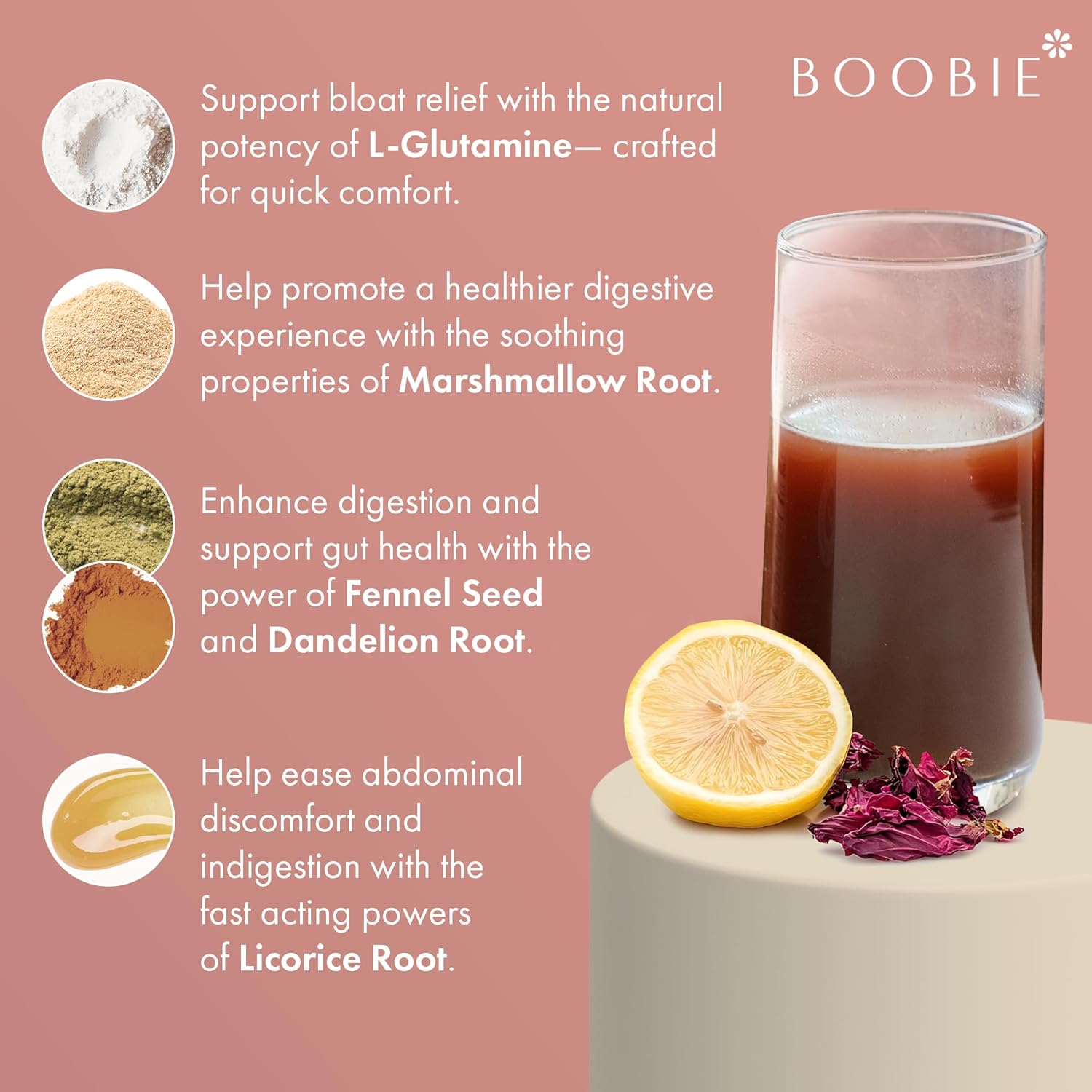 Maximize Debloating with Boobie Brands Rapid Debloat Powder - L-Glutamine & Marshmallow Root - Lemon Hibiscus, 40 Servings