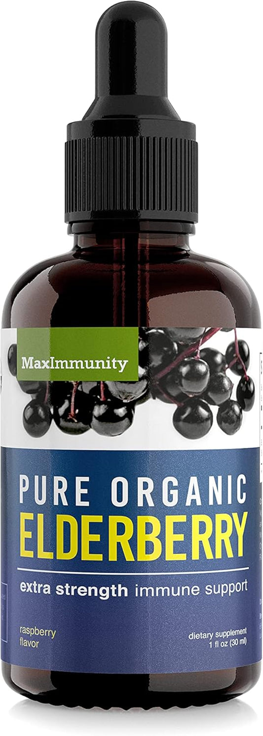 MaxImmunity Organic Black Elderberry Syrup - Immune Support Liquid Extract for Kids & Adults - 30 Day Supply - Extra Strength Formula