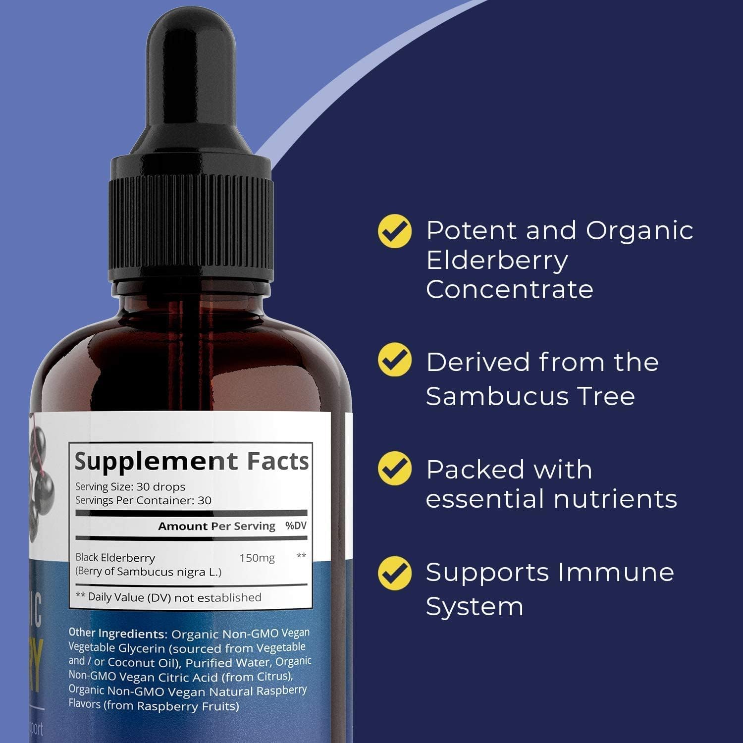 MaxImmunity Organic Black Elderberry Syrup - Immune Support Liquid Extract for Kids & Adults - 30 Day Supply - Extra Strength Formula