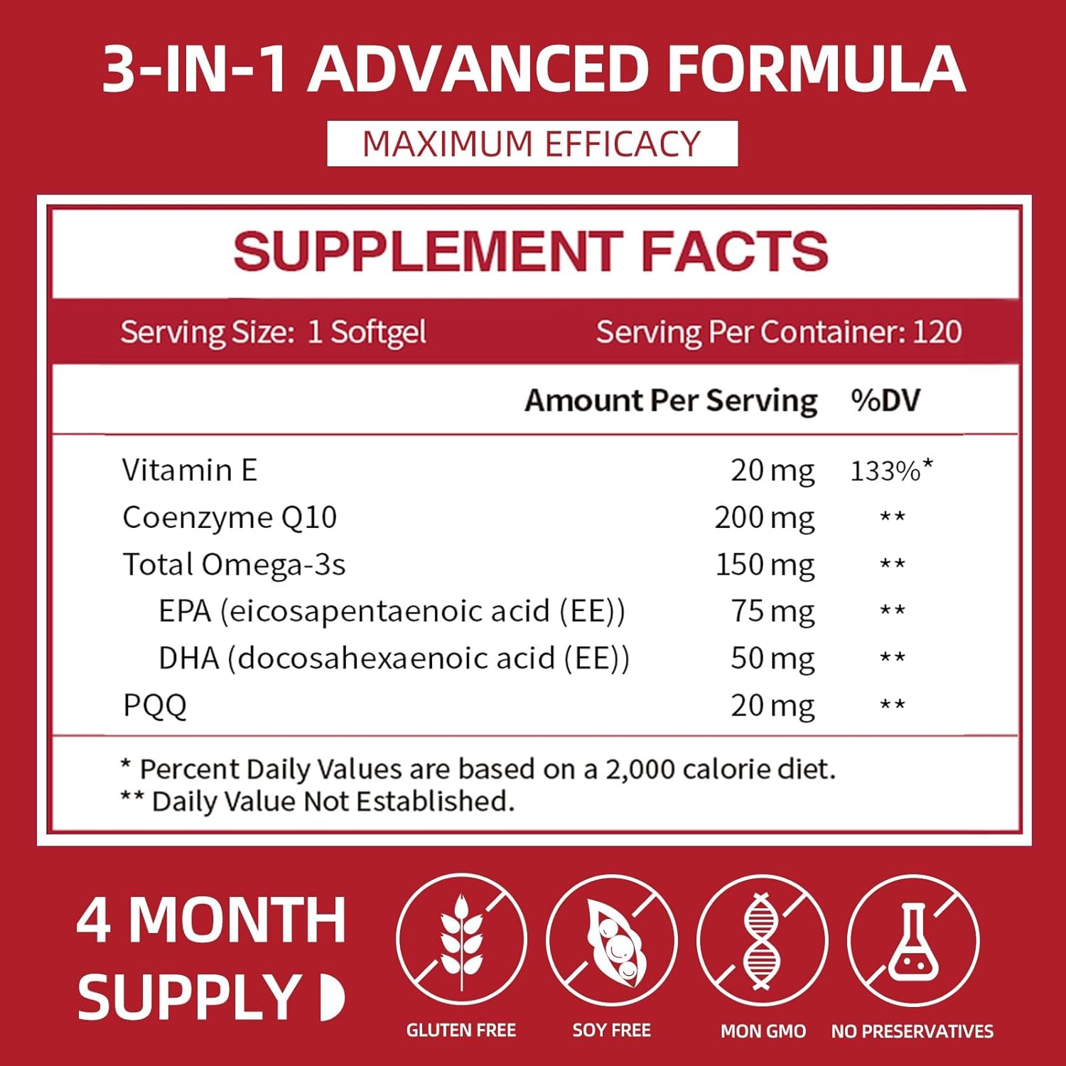 Maximum Absorption CoQ10 Softgels with PQQ, Omega 3 & Antioxidants for Heart & Energy, 200mg, 120 Count, Non-GMO, 4 Month Supply