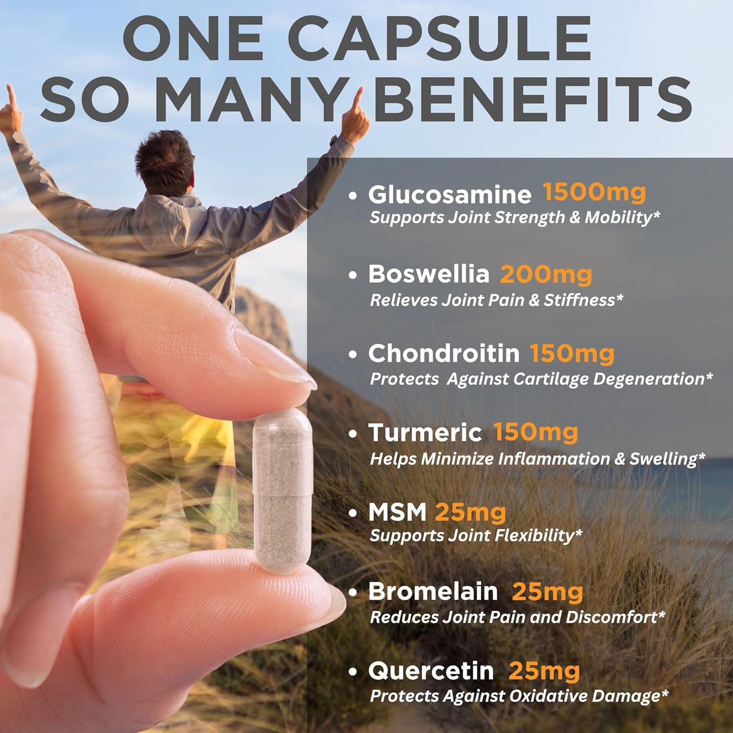 Maximum Joint Support Supplement with Glucosamine, Chondroitin, MSM, Boswellia, Turmeric, Quercetin, Bromelain - 90 Capsules