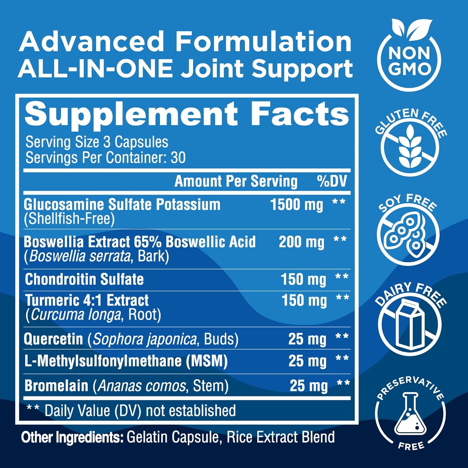 Maximum Joint Support Supplement with Glucosamine, Chondroitin, MSM, Boswellia, Turmeric, Quercetin, Bromelain - 90 Capsules