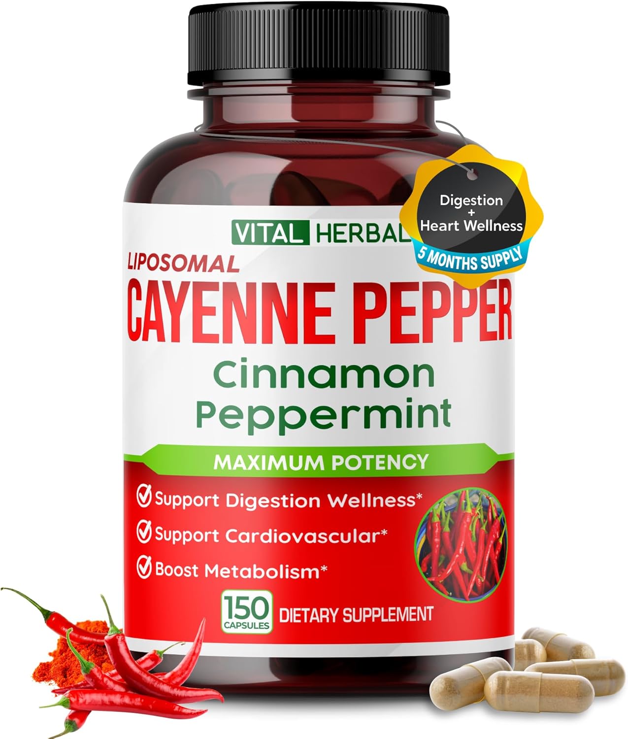 Maximum Potency Liposomal Cayenne Pepper with Cinnamon Peppermint - Supports Digestion & Metabolism - Made in USA