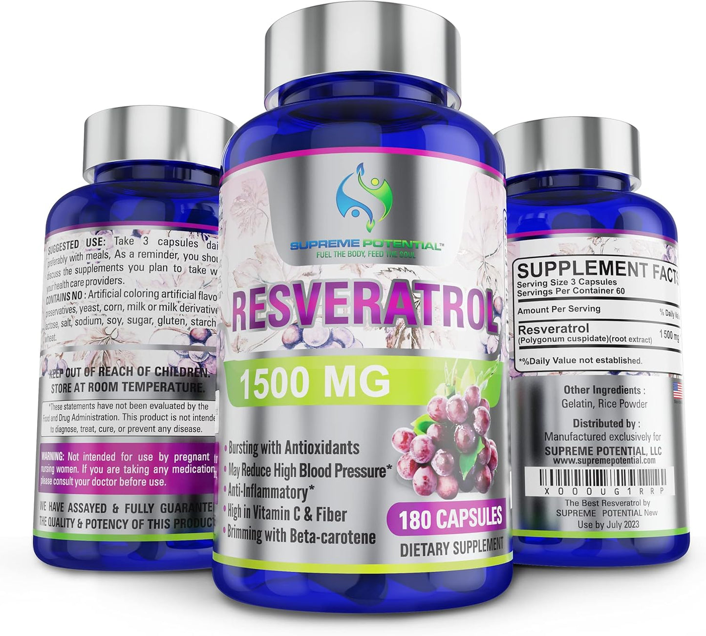 Maximum Strength 100% Pure Resveratrol Extract for Anti-Aging & Heart Health - 1500mg - Supreme Potential