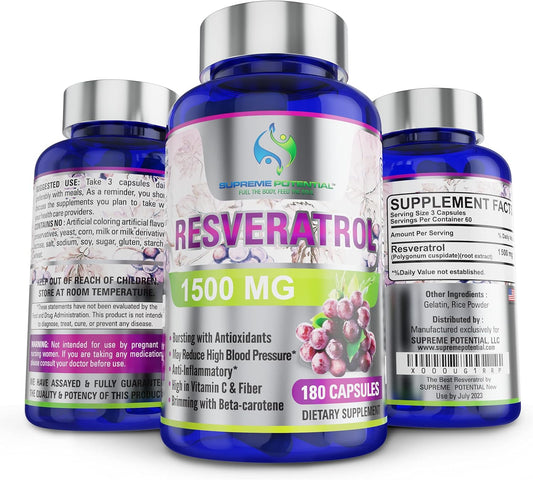 Maximum Strength 100% Pure Resveratrol Extract for Anti-Aging & Heart Health - 1500mg - Supreme Potential
