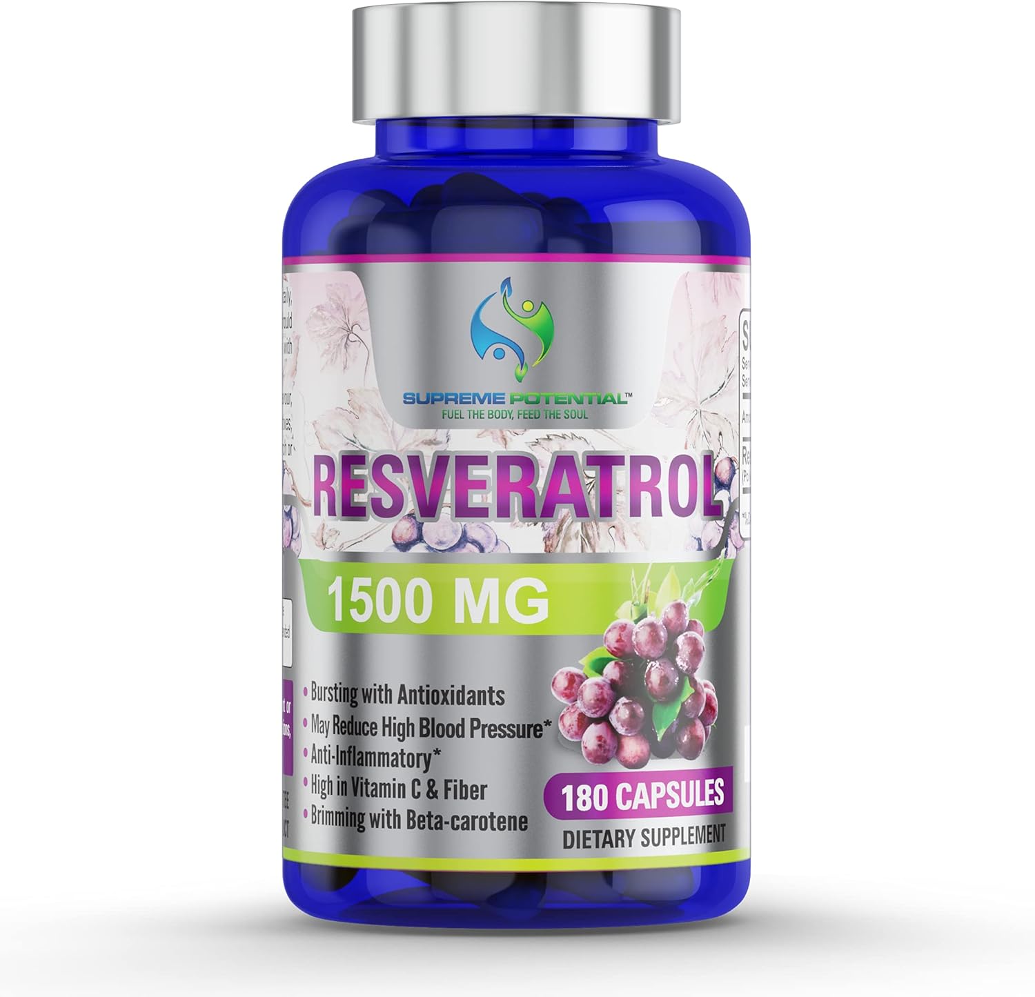 Maximum Strength 100% Pure Resveratrol Extract for Anti-Aging & Heart Health - 1500mg - Supreme Potential