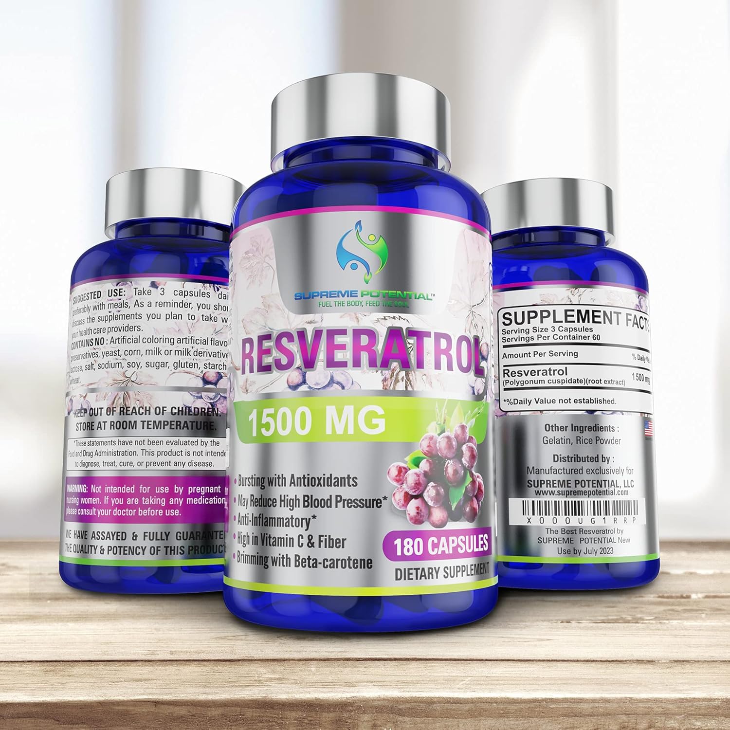 Maximum Strength 100% Pure Resveratrol Extract for Anti-Aging & Heart Health - 1500mg - Supreme Potential