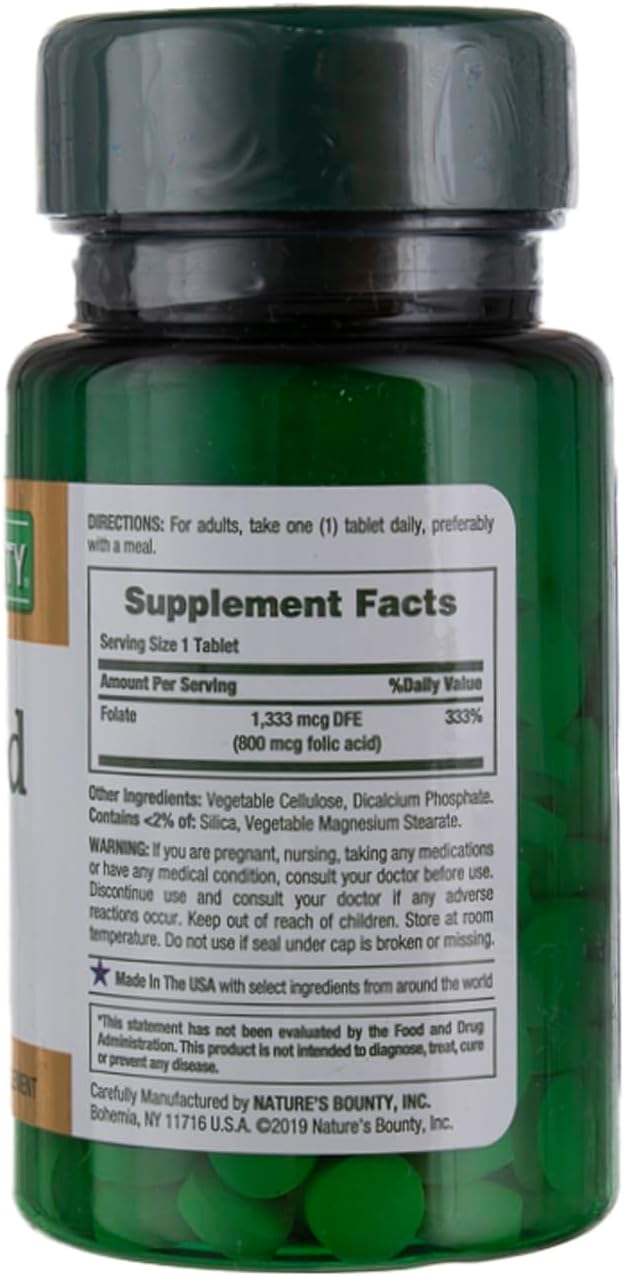 Maximum Strength 800 mcg Folic Acid Tablets - 250 Count by Nature's Bounty
