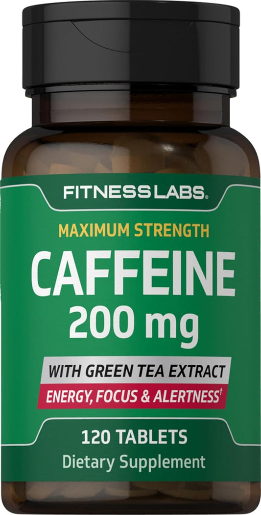 Maximum Strength Caffeine Pills with Green Tea Extract - 200mg, 120 Tablets - Vegetarian, Non-GMO, Gluten Free