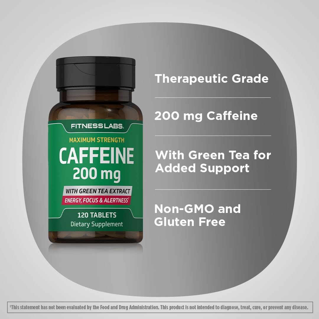 Maximum Strength Caffeine Pills with Green Tea Extract - 200mg, 120 Tablets - Vegetarian, Non-GMO, Gluten Free
