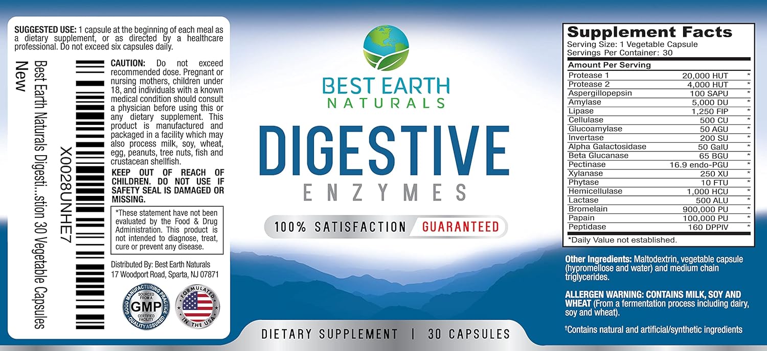 Maximum Strength Digestive Enzymes for Healthy Digestion - 30 Vegetable Capsules by Best Earth Naturals
