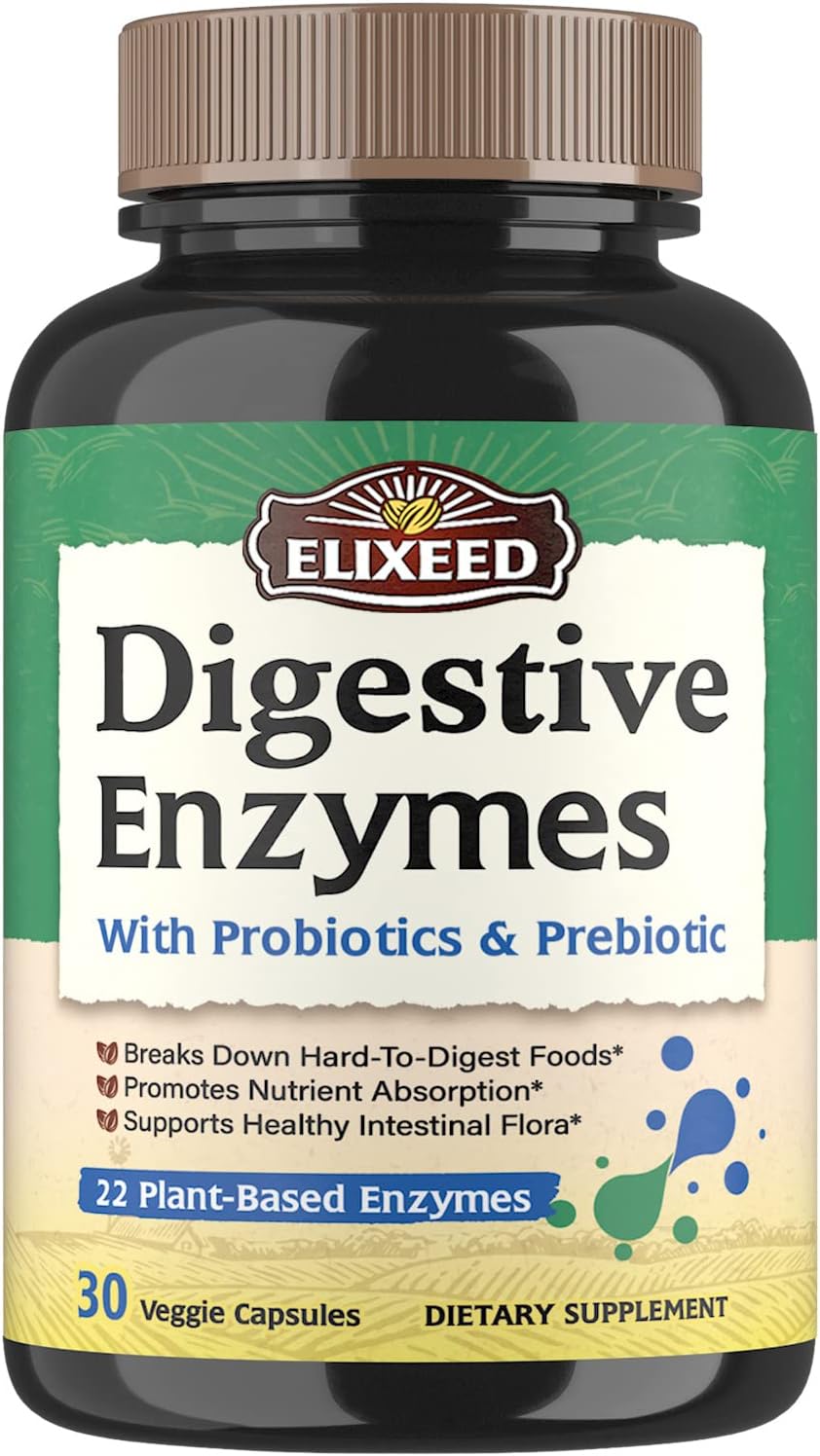 Maximum Strength Digestive Enzymes with Probiotics & Prebiotics, 22 Enzymes for Healthy Digestion, Vegan, Non-GMO - 30 Capsules