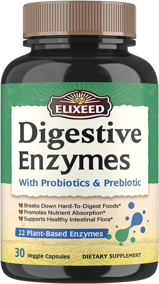 Maximum Strength Digestive Enzymes with Probiotics & Prebiotics, 22 Enzymes for Healthy Digestion, Vegan, Non-GMO - 30 Capsules