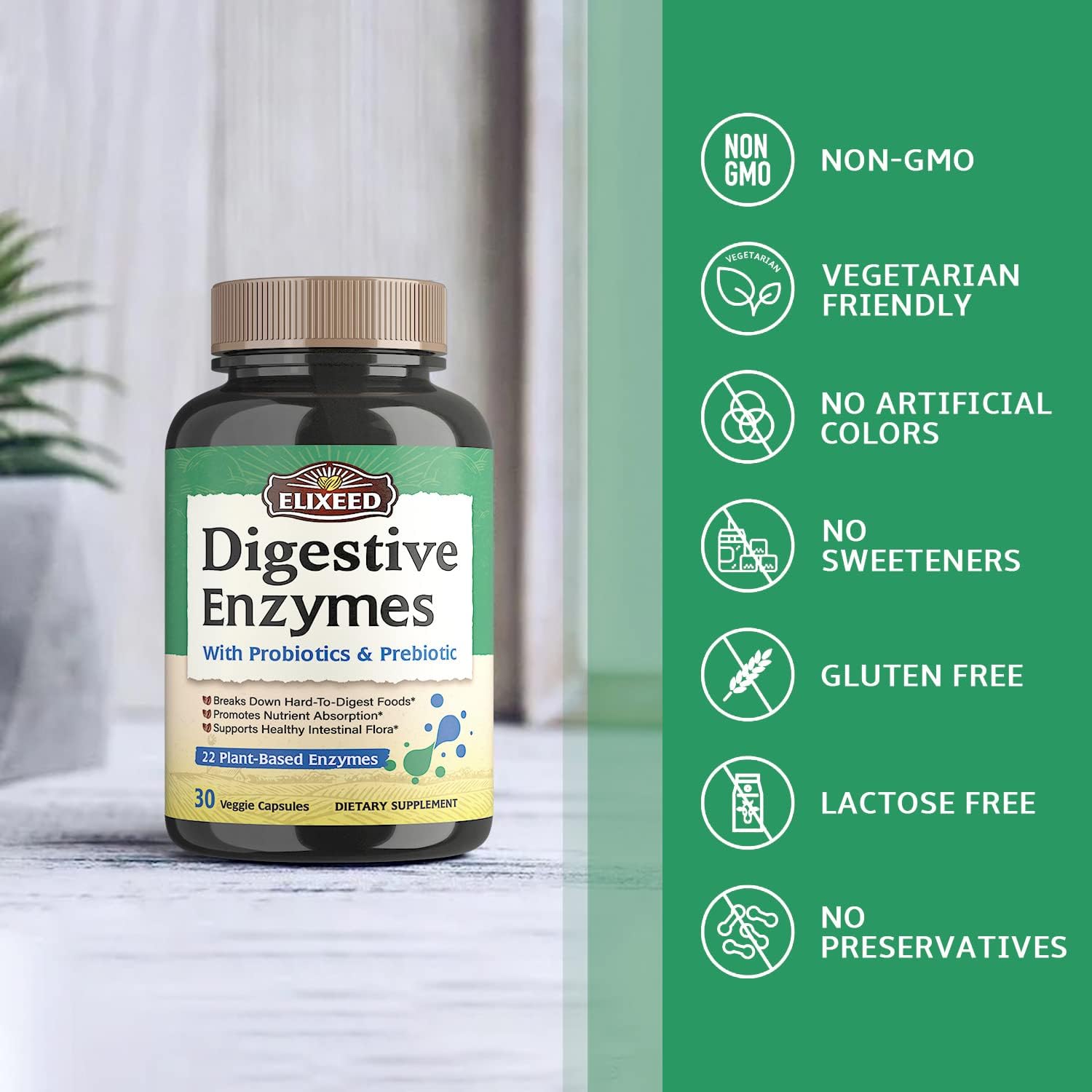 Maximum Strength Digestive Enzymes with Probiotics & Prebiotics, 22 Enzymes for Healthy Digestion, Vegan, Non-GMO - 30 Capsules