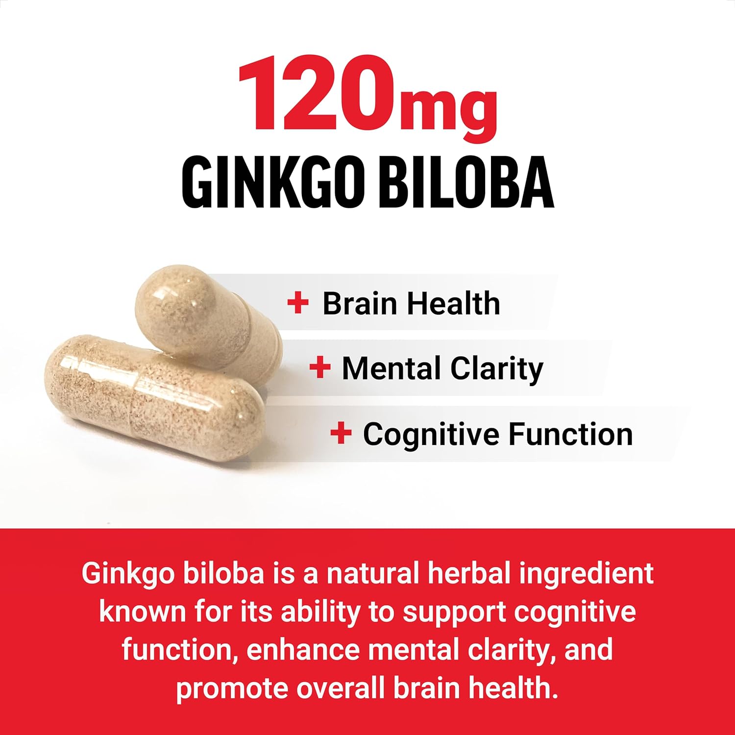 Maximum Strength Ginkgo Biloba Supplement for Brain Health - 120mg Capsules for Cognitive Support - Vegan & Non-GMO - 120 Count