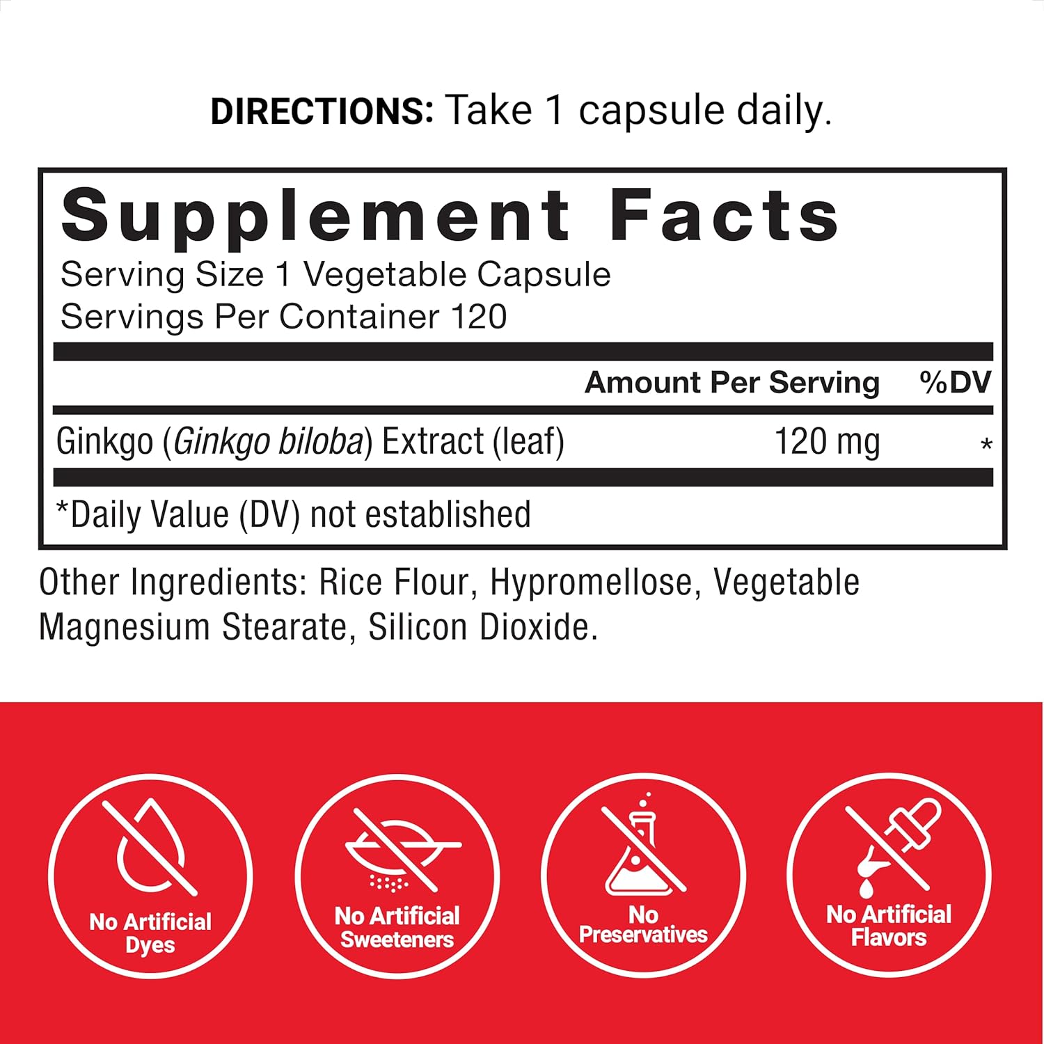 Maximum Strength Ginkgo Biloba Supplement for Brain Health - 120mg Capsules for Cognitive Support - Vegan & Non-GMO - 120 Count