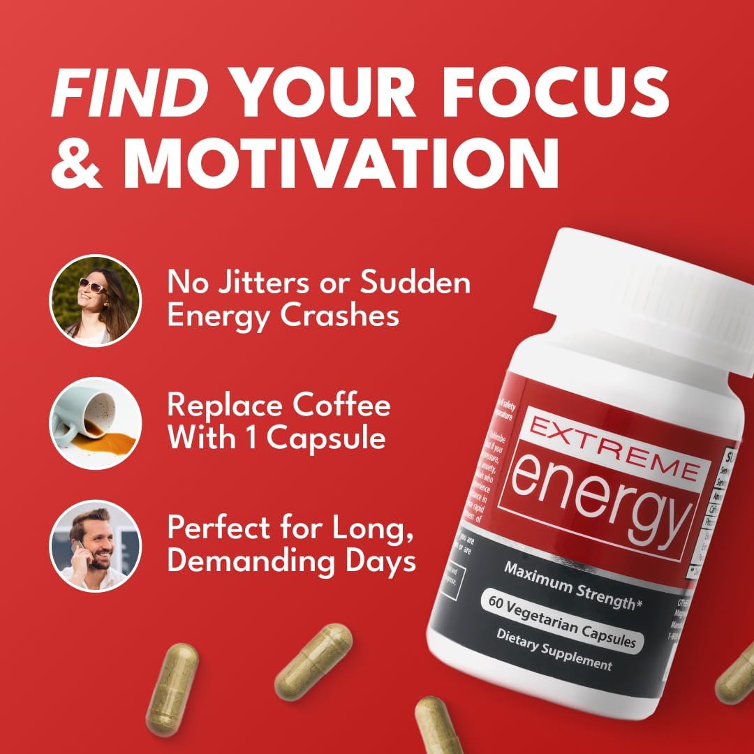 Maximum Strength Herbal Nitro Extreme Energy Pills - All-Natural Supplements for Fatigue, Focus, Motivation - Long-Lasting Energy, No Crash, Jitters, Sugar - 60 Ct
