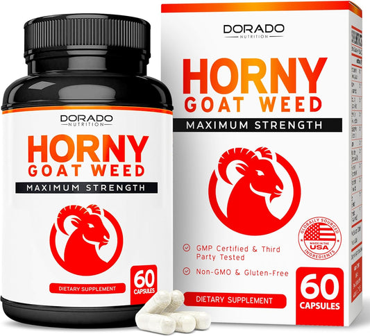 Maximum Strength Horny Goat Weed Supplement for Men and Women - 1590mg with Maca, Ginseng, L-Arginine, Tribulus - Premium Hornygoatweed Capsules - Icariin Epimedium - 3rd Party Tested - Made in USA - 60 Count