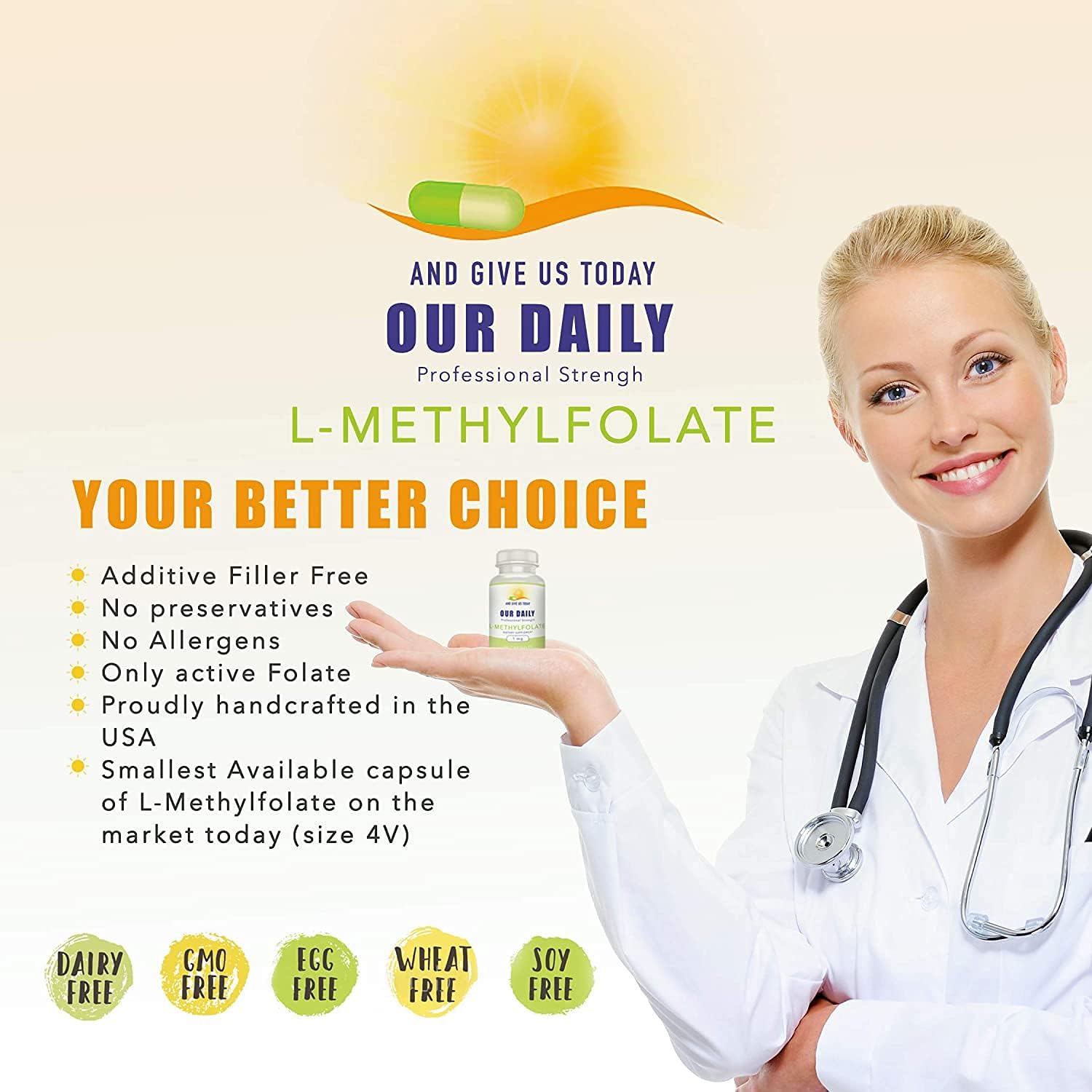 Maximum Strength L-Methylfolate 1mg Supplement - 5-MTHF, Filler Free, Gluten Free, Non-GMO - 180 Vegetarian Capsules