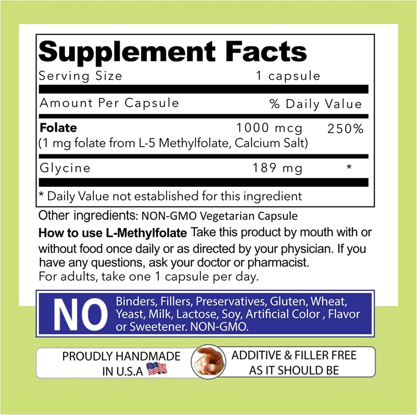 Maximum Strength L-Methylfolate 1mg Supplement - 5-MTHF, Filler Free, Gluten Free, Non-GMO - 180 Vegetarian Capsules