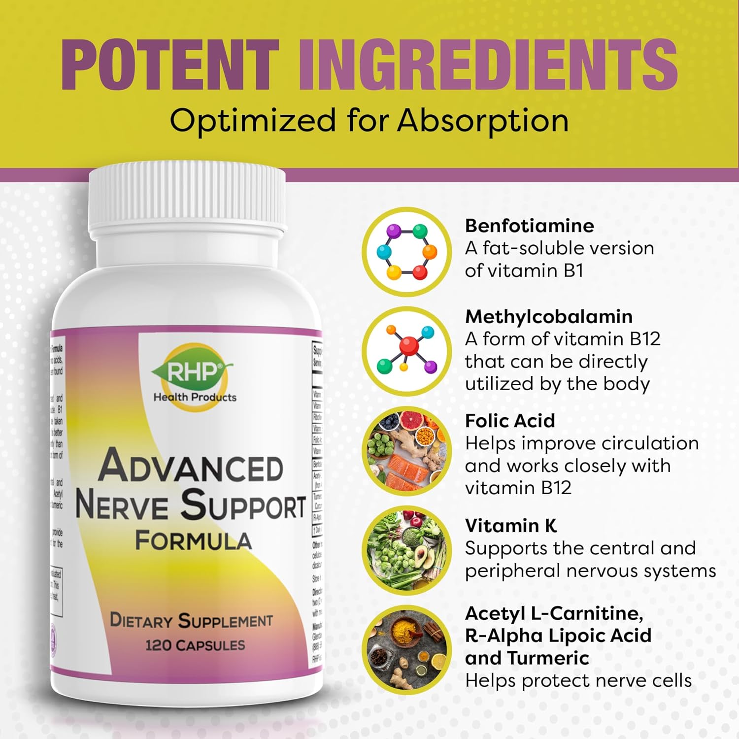 Maximum Strength Nerve Support Supplement with Alpha Lipoic Acid - 120 Capsules for Healthy Nerve Repair & Function