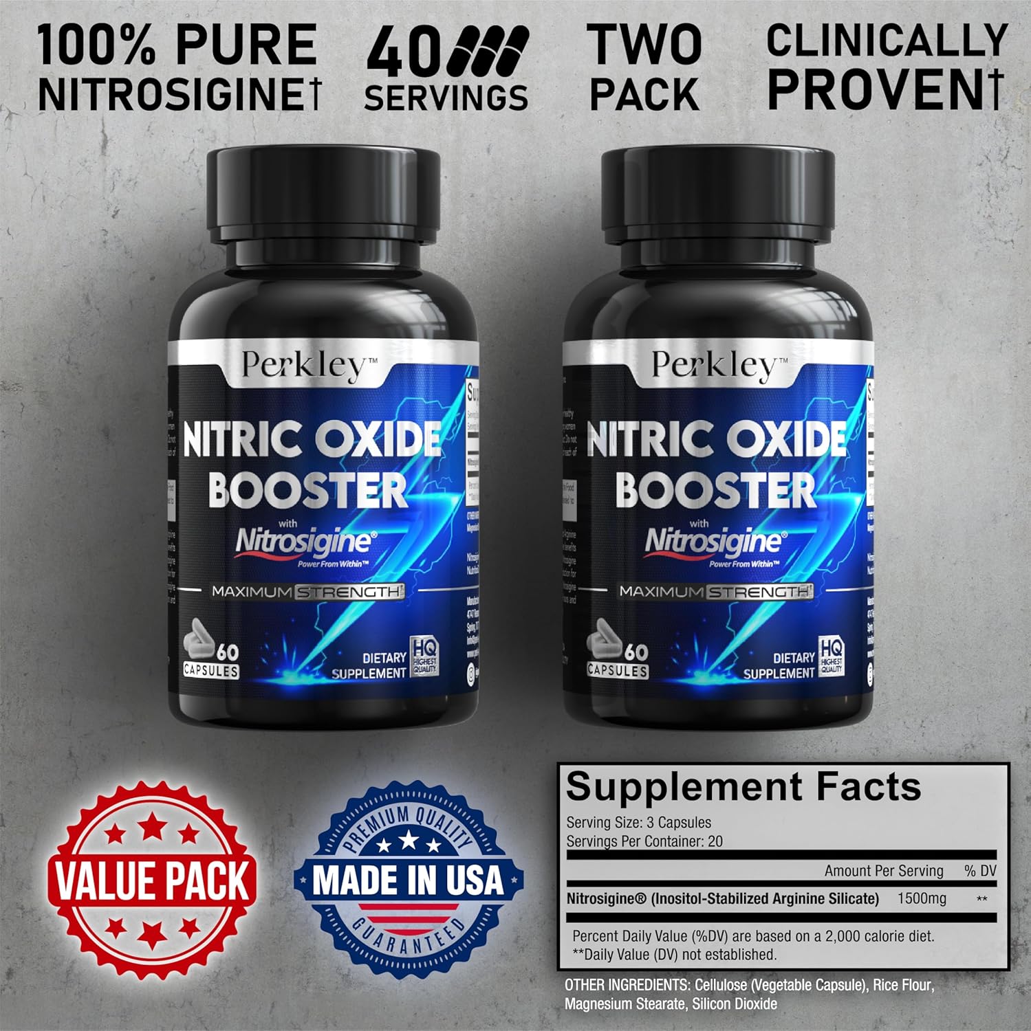 Maximum Strength Nitric Oxide Booster Capsules with Nitrosigine® for Muscle Growth, Pump & Focus - Pre-Workout Supplement with Bonded Arginine Silicate