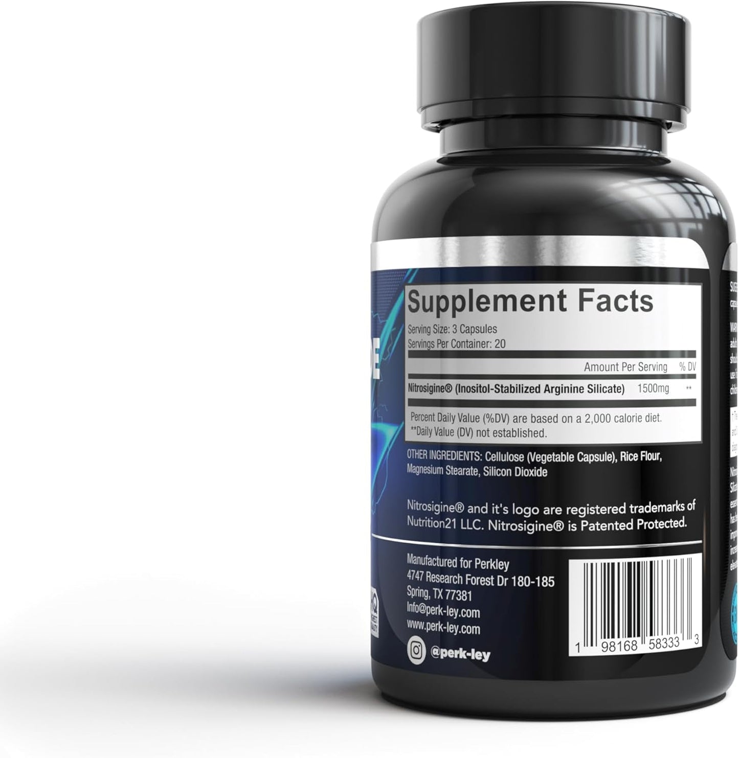 Maximum Strength Perkley Nitric Oxide Booster Capsules with Nitrosigine® for Muscle Growth, Pump, and Focus - Pre-Workout Supplement with Bonded Arginine Silicate