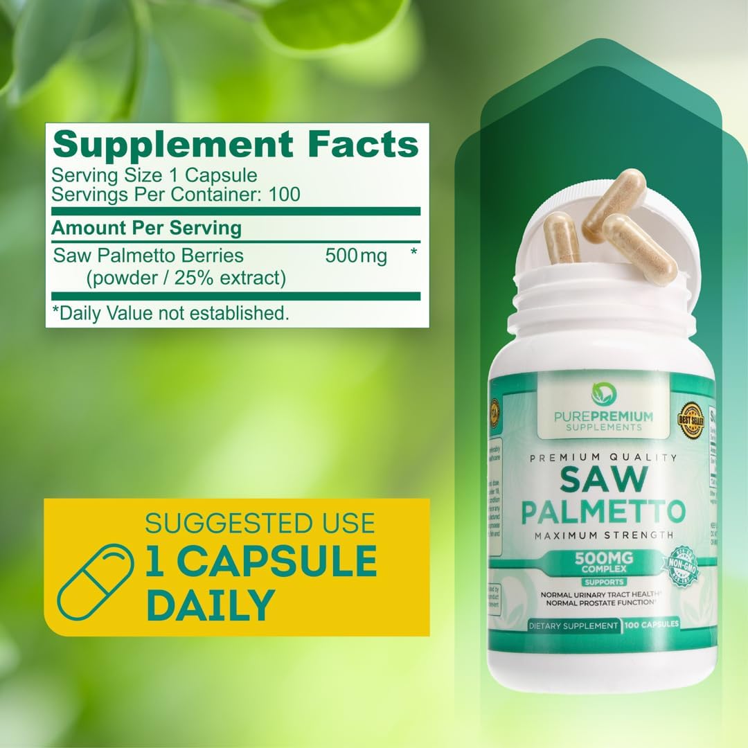 Maximum Strength Saw Palmetto 500mg Capsules for Men & Women - Prostate & Hair Health Support - 3 Month Supply - 100 Tablets