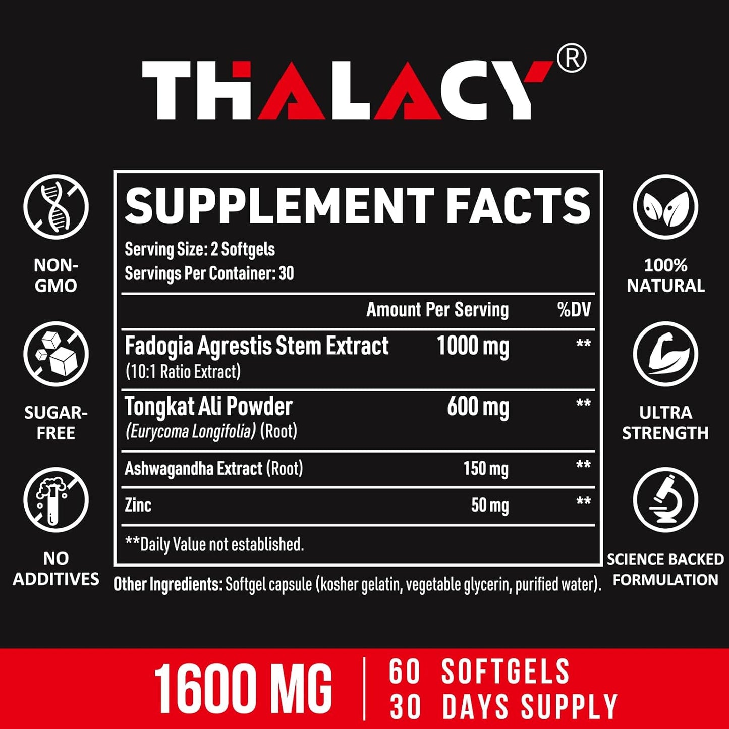 Maximum Strength Thalacy 1600mg Fadogia Agrestis & Tongkat Ali Supplement for Men - 60 Softgels with Ashwagandha Extract