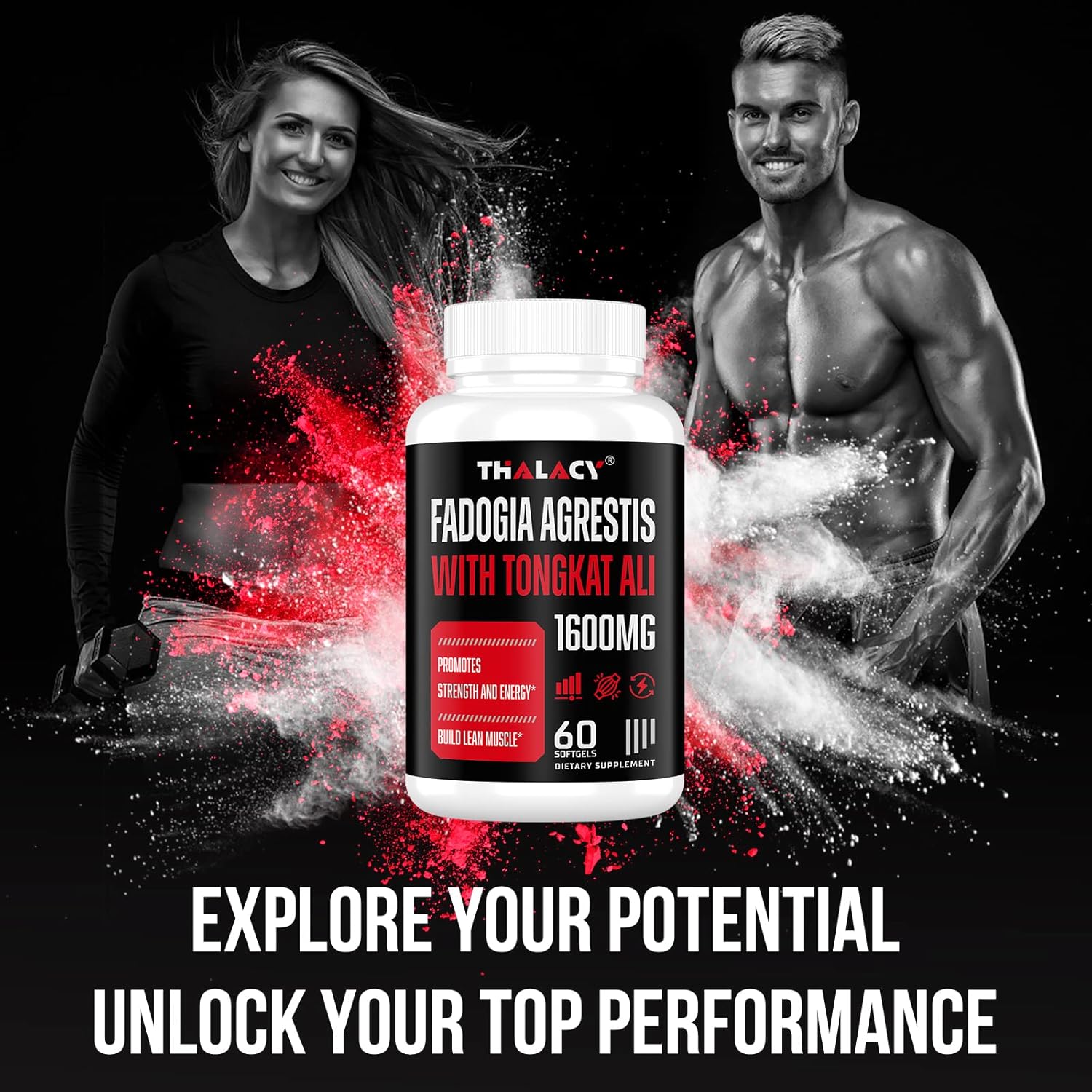 Maximum Strength Thalacy 1600mg Fadogia Agrestis & Tongkat Ali Supplement for Men - 60 Softgels with Ashwagandha Extract