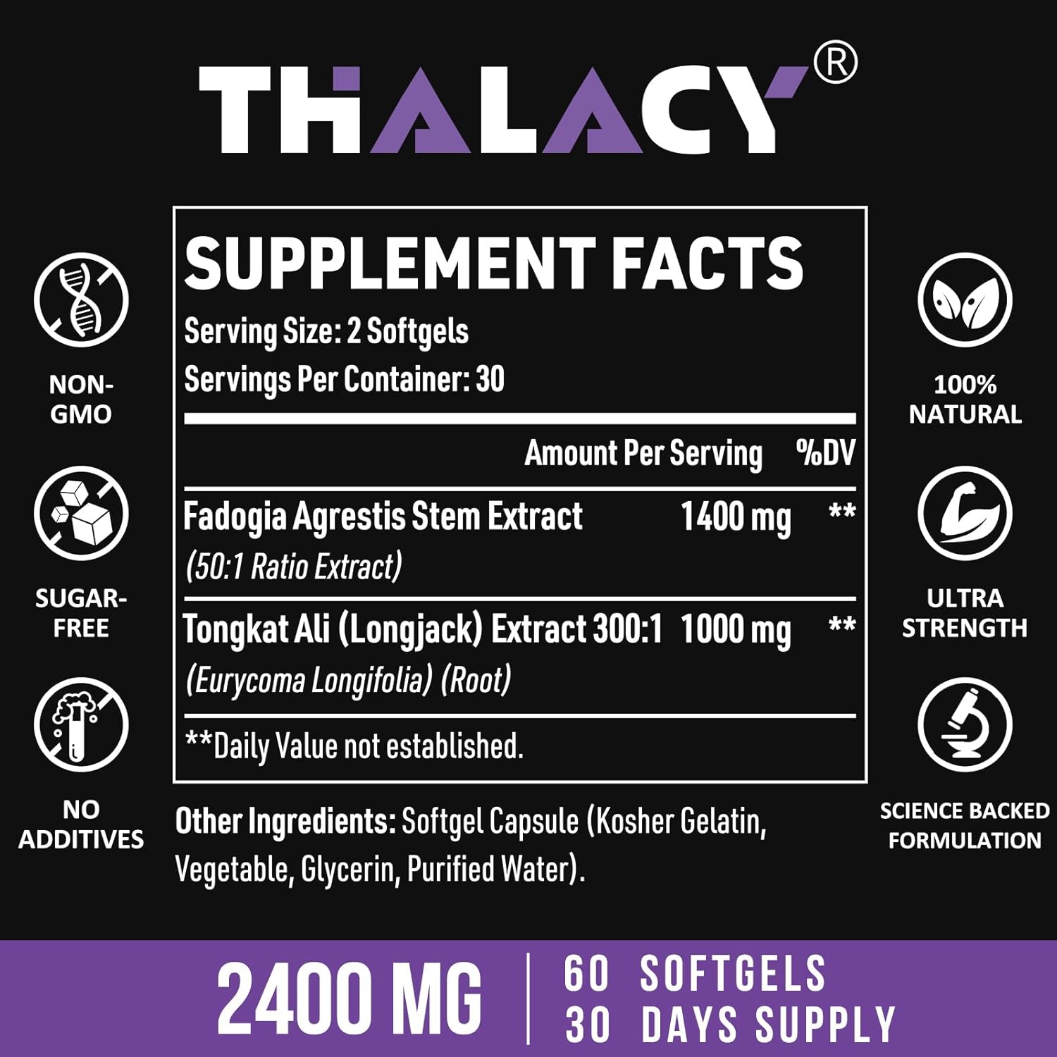 Maximum Strength Thalacy 2400mg Fadogia Agrestis & Tongkat Ali Supplement for Muscle Mass & Athletic Performance - 240 Softgels