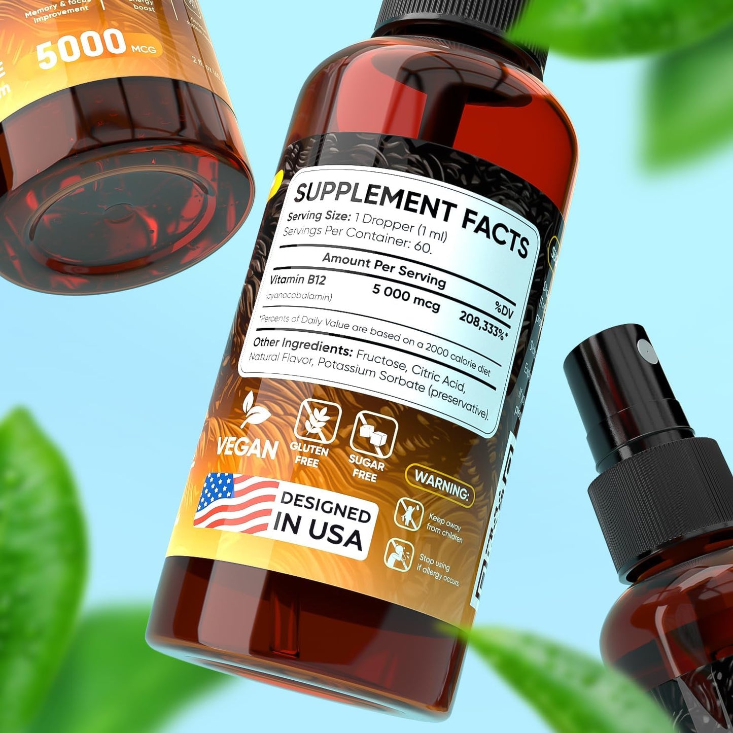 Maximum Strength Vegan B12 Liquid Spray for Energy, Brain, Memory, Mood - 2 Fl Oz Sublingual Vitamin B12 Supplement