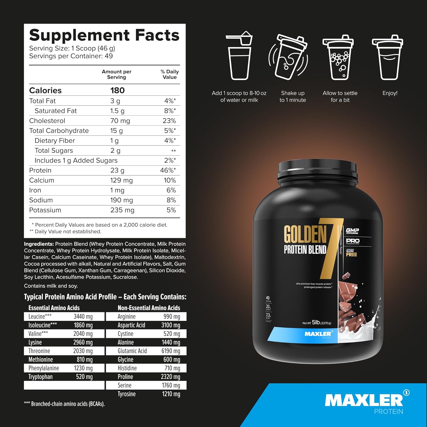Maxler Golden 7 Protein Blend - Milk Chocolate - 5 lb - Muscle Gain & Recovery Formula