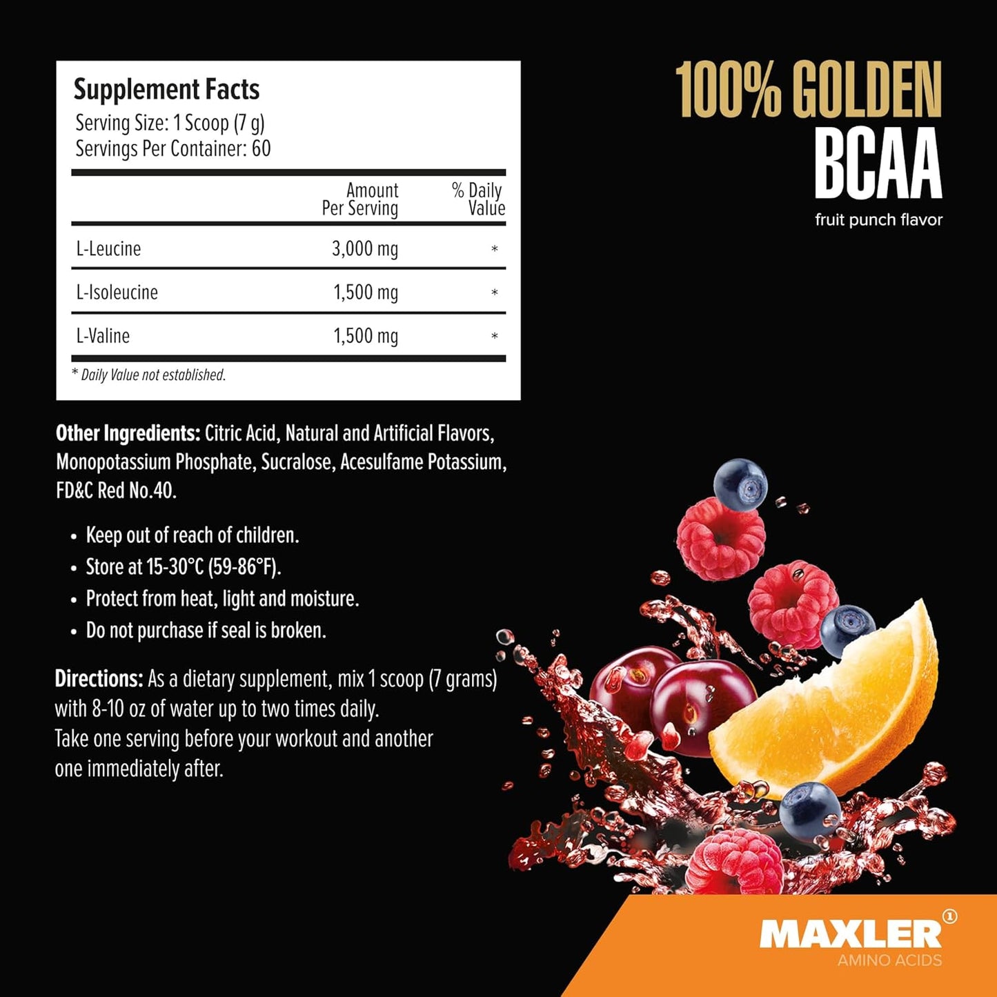 Maxler Golden BCAA Powder: Vegan Intra & Post Workout Drink for Muscle Recovery & Growth - Fruit Punch - 60 Servings