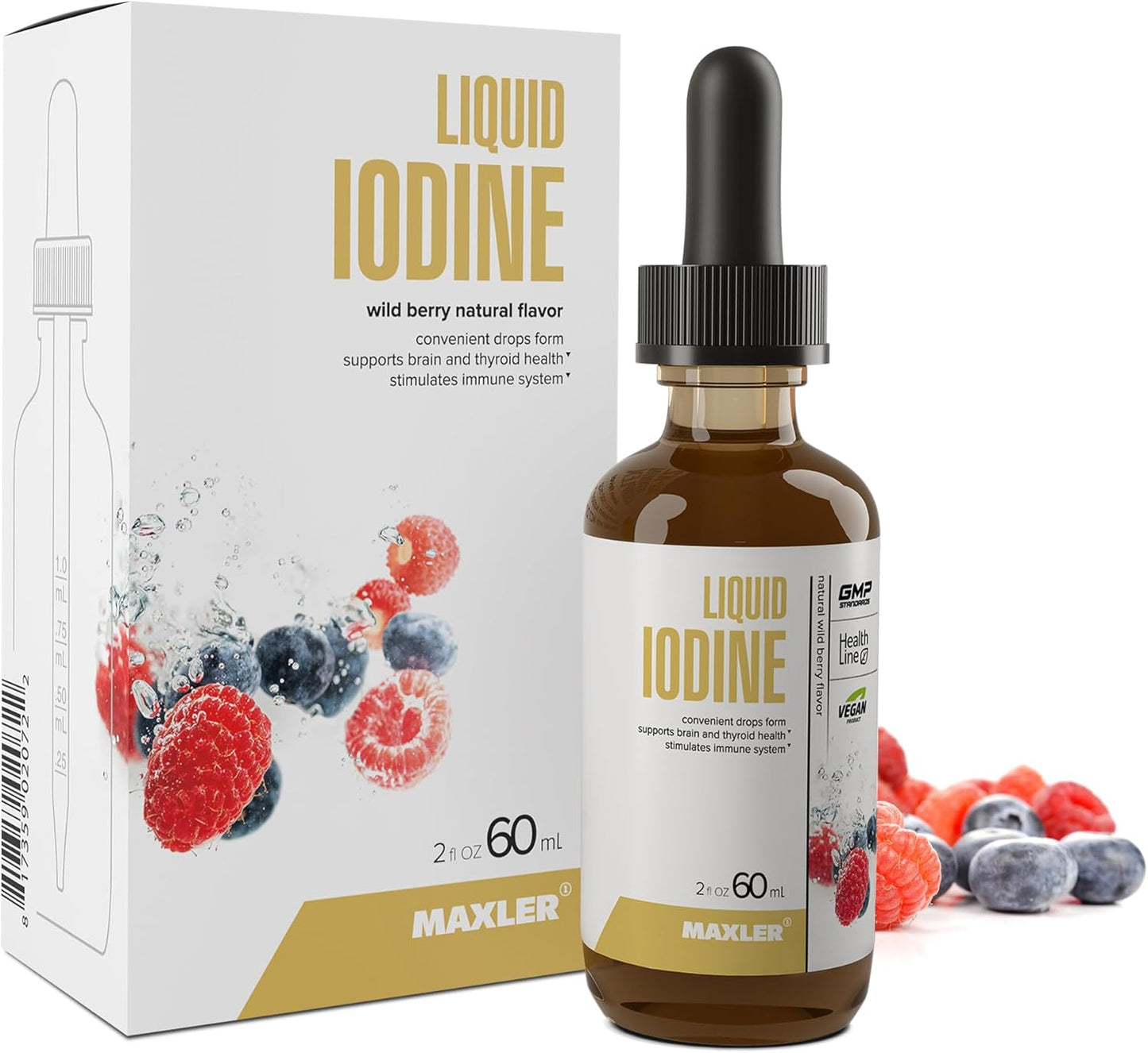 Maxler Liquid Iodine Drops (0.5%) - Vegan Thyroid Support Supplement with 150 mcg Potassium Iodide - GMO-Free Wild Berry Flavor